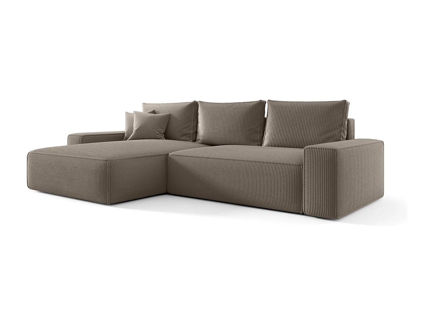 Canapé d'angle CALIFORNIA gauche brun clair velours côtelé Poso 3 - fonction couchage, coffre à literie