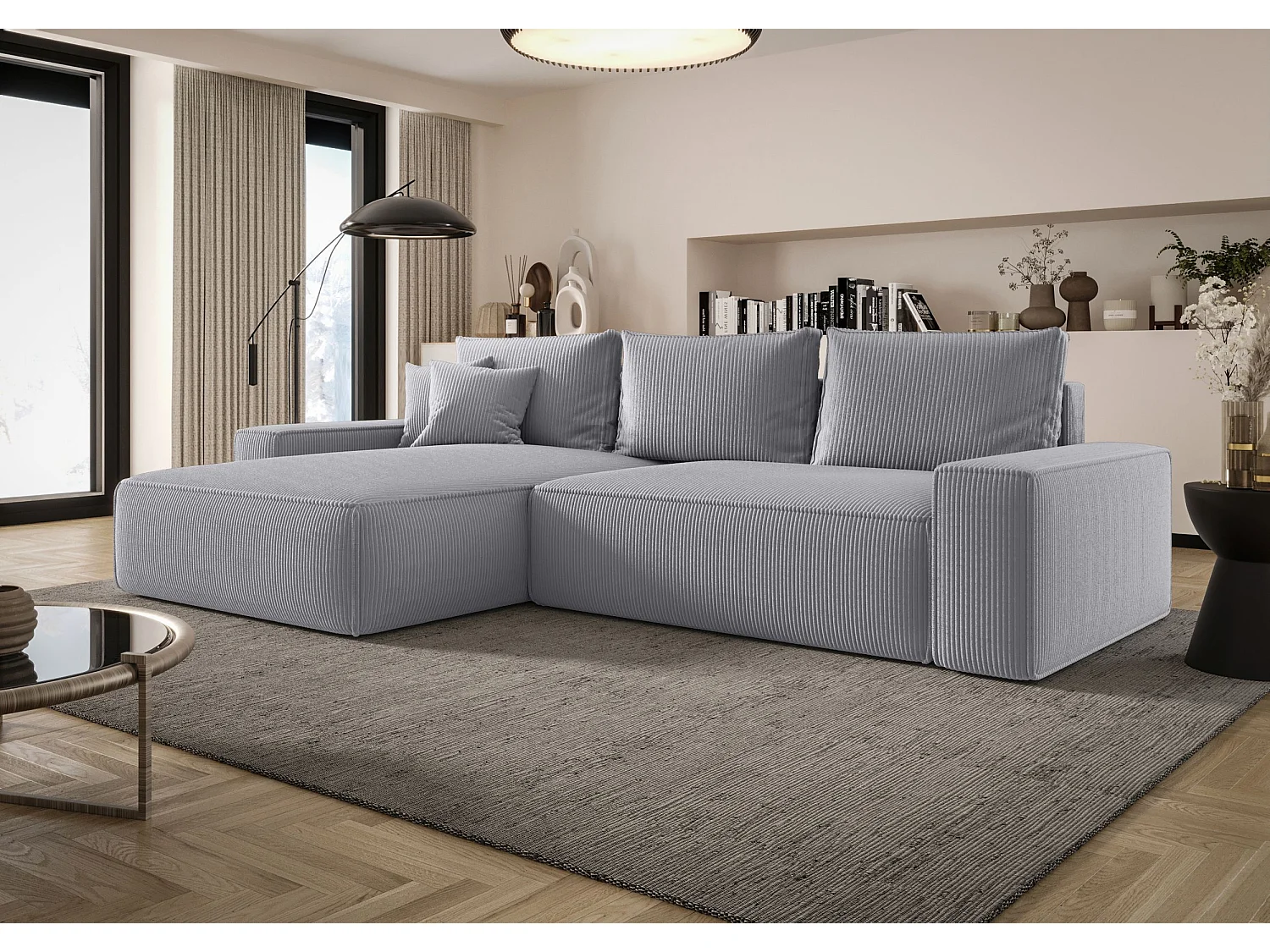 Canapé d'angle CALIFORNIA gauche gris velours côtelé Poso 55 - fonction couchage, coffre à literie