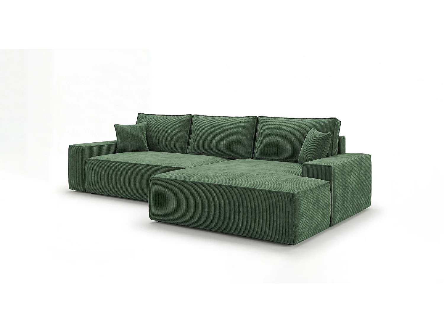 Canapé d'angle VERONA droit vert velours côtelé Poso 14 - fonction couchage, coffre à literie