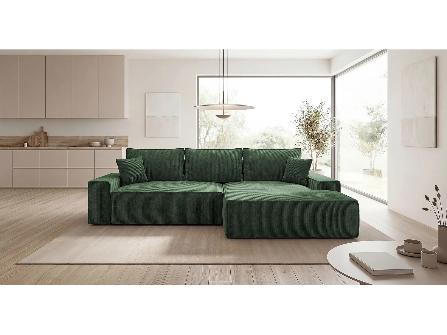 Canapé d'angle VERONA droit vert velours côtelé Poso 14 - fonction couchage, coffre à literie