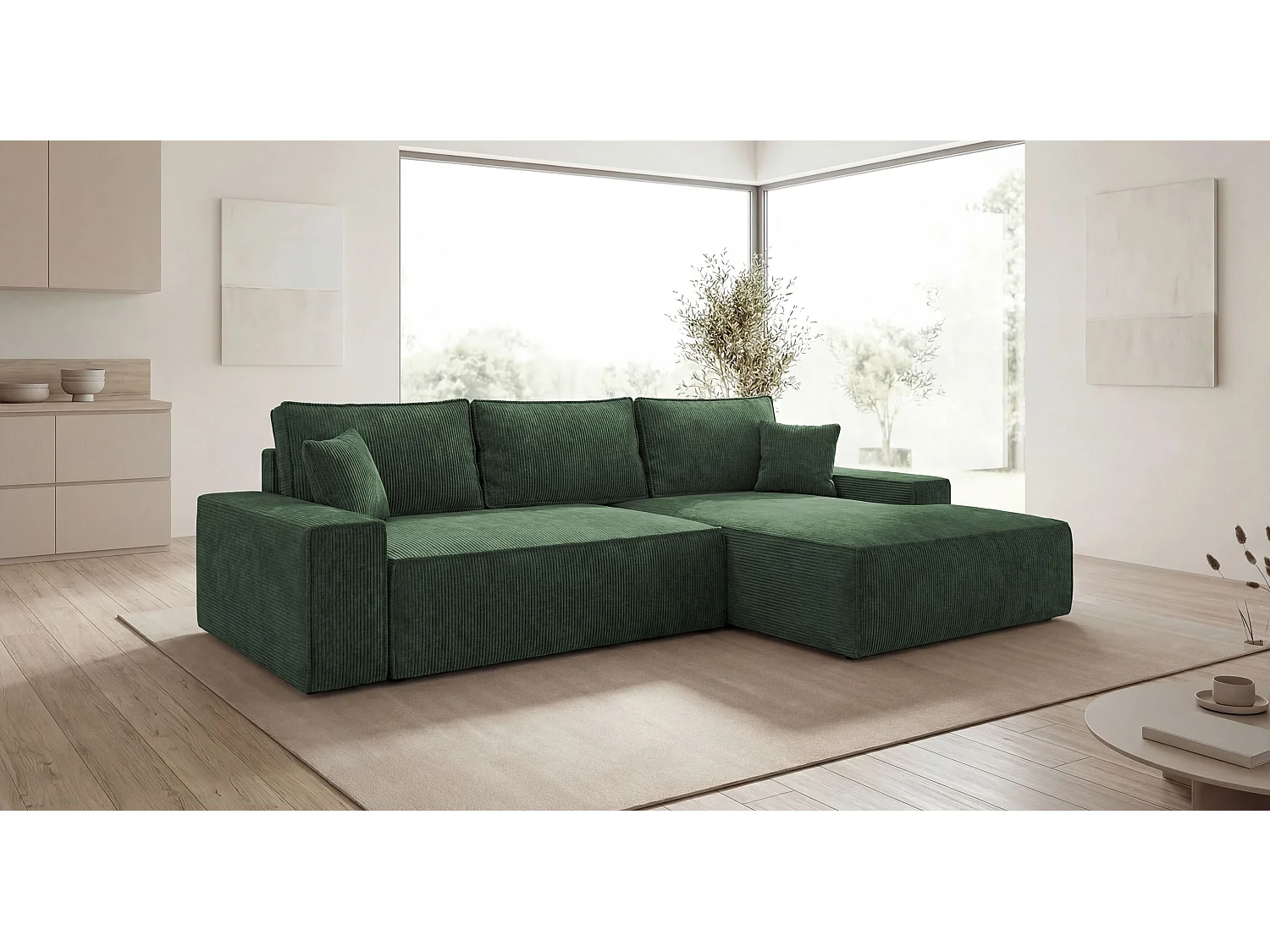 Canapé d'angle VERONA droit vert velours côtelé Poso 14 - fonction couchage, coffre à literie