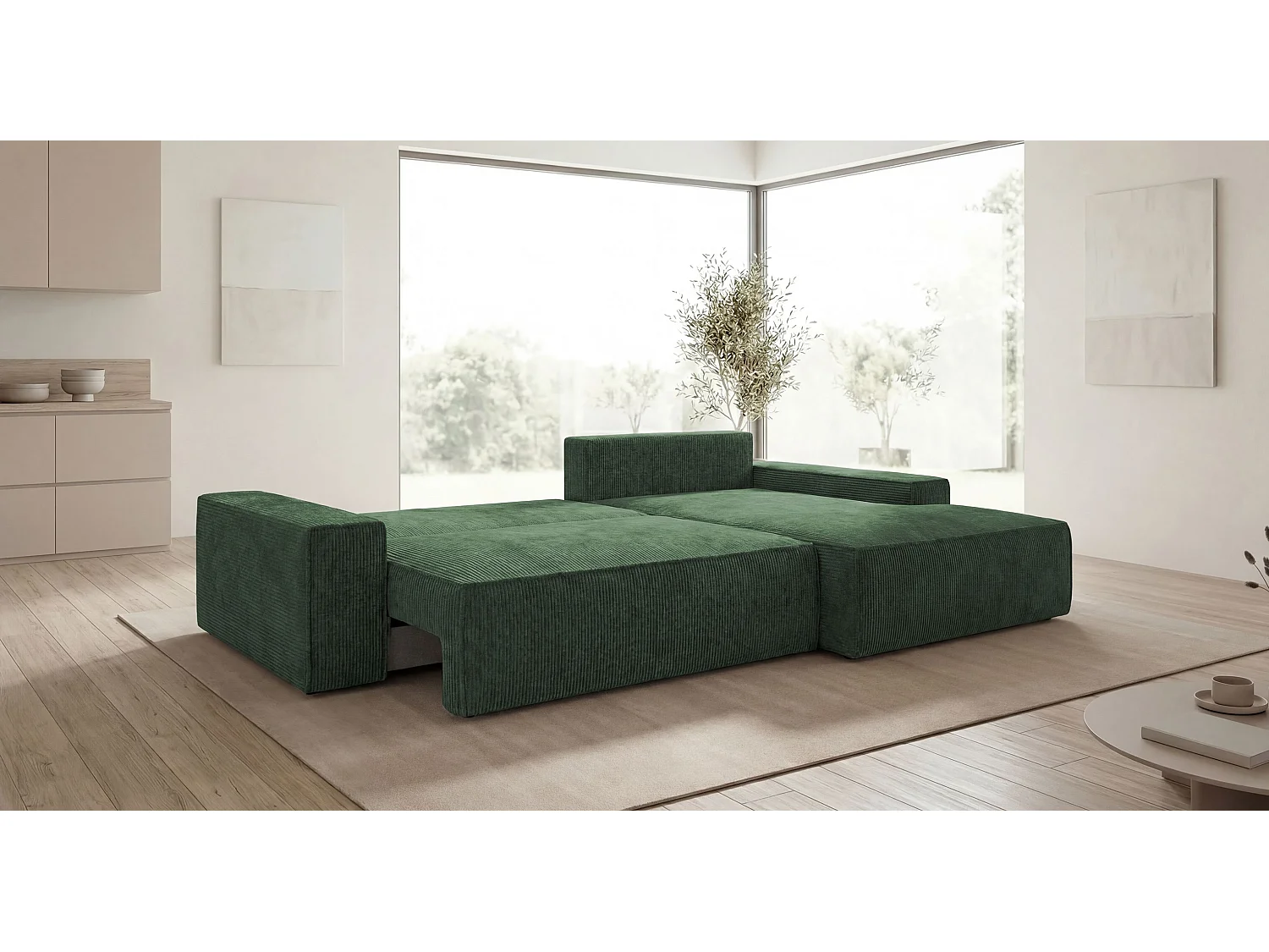 Canapé d'angle VERONA droit vert velours côtelé Poso 14 - fonction couchage, coffre à literie