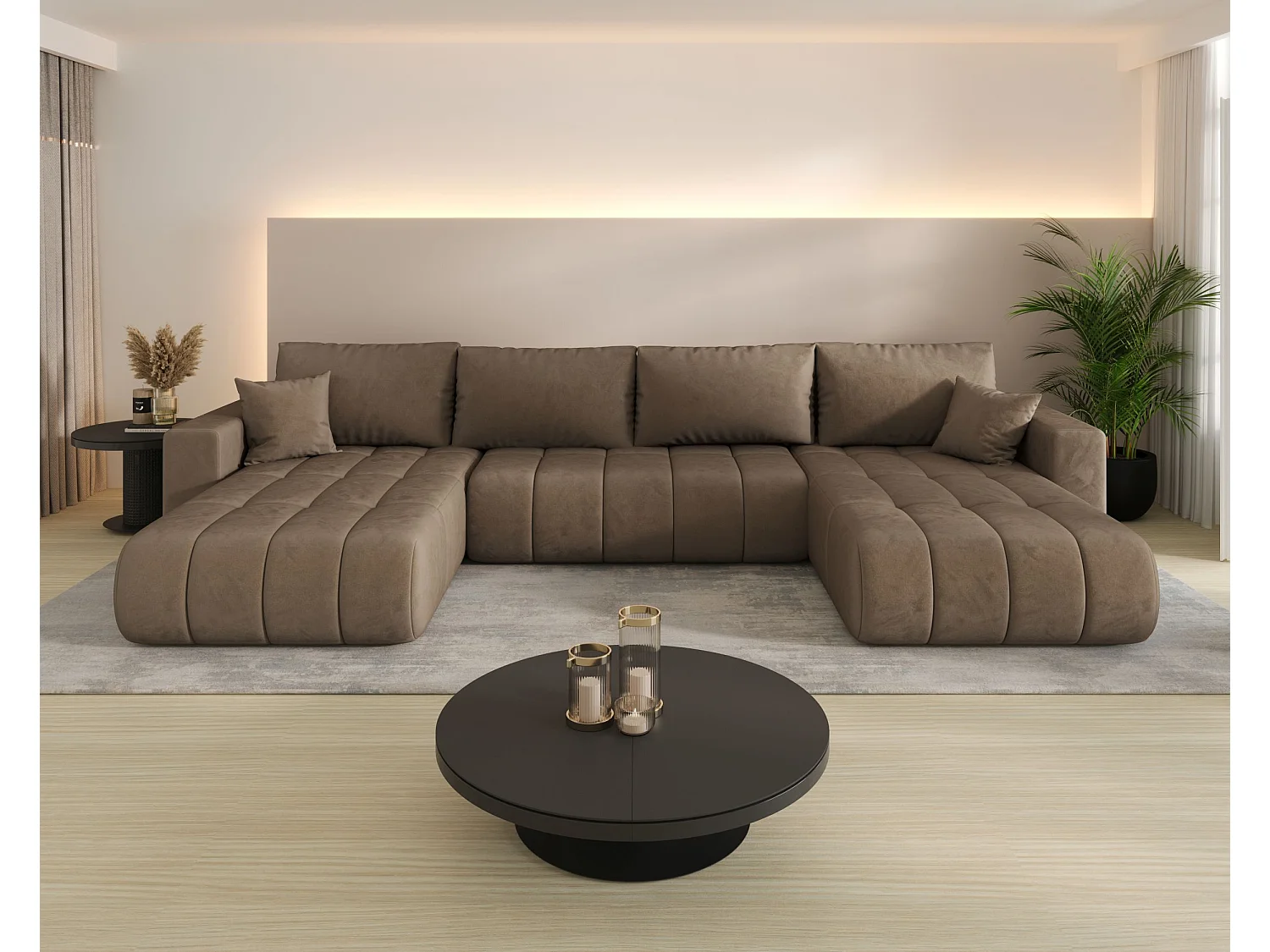 Canapé d'angle LARA PREMIUM en U marron velours Monolith 9 - fonction couchage, coffre à literie