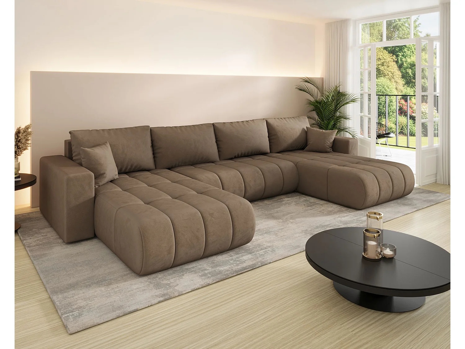 Canapé d'angle LARA PREMIUM en U marron velours Monolith 9 - fonction couchage, coffre à literie
