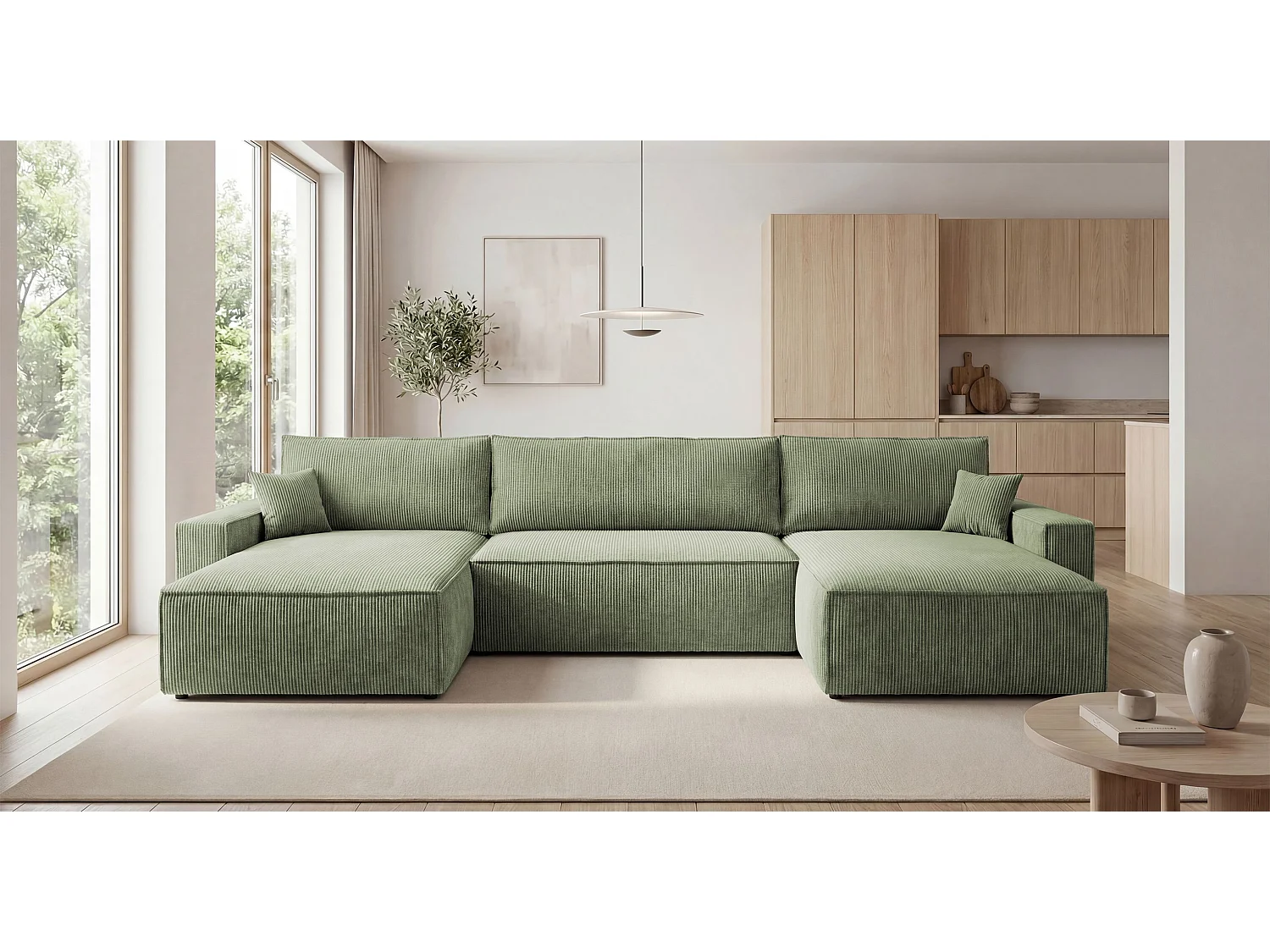 Canapé d'angle VIENNA en U vert clair velours côtelé Poso 47 - fonction couchage, coffre à literie