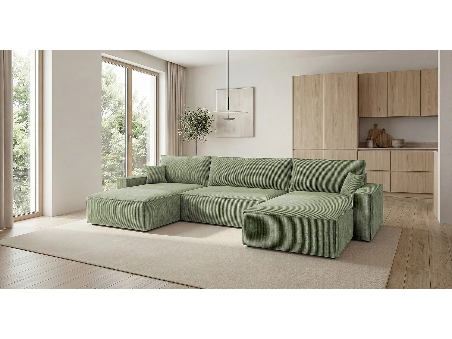 Canapé d'angle VIENNA en U vert clair velours côtelé Poso 47 - fonction couchage, coffre à literie
