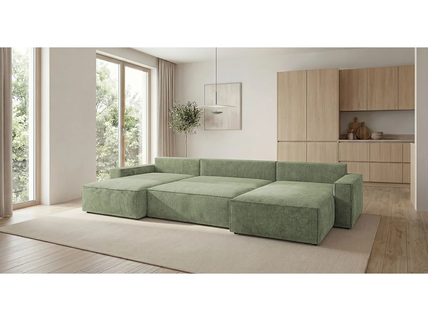 Canapé d'angle VIENNA en U vert clair velours côtelé Poso 47 - fonction couchage, coffre à literie