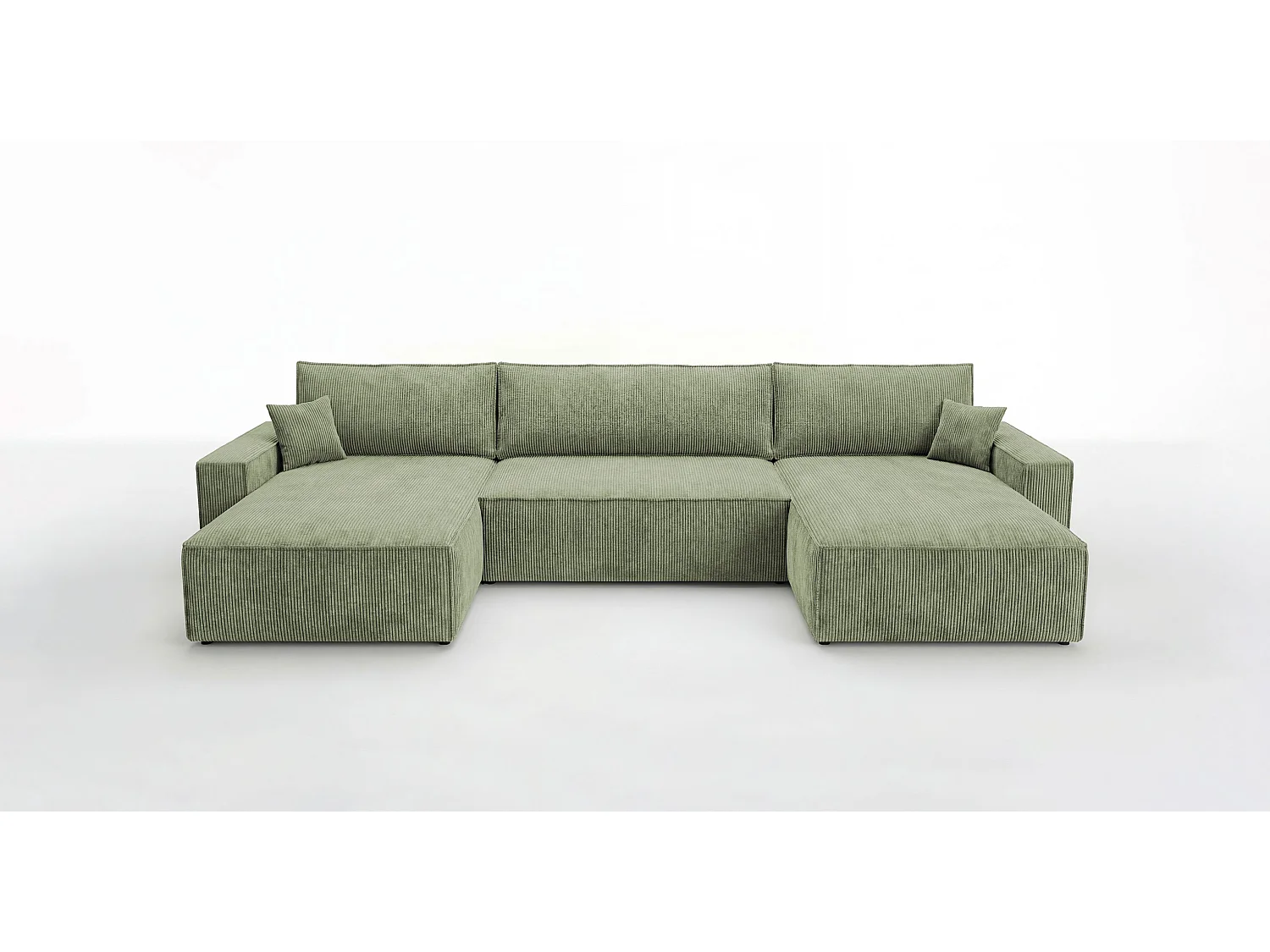 Canapé d'angle VIENNA en U vert clair velours côtelé Poso 47 - fonction couchage, coffre à literie