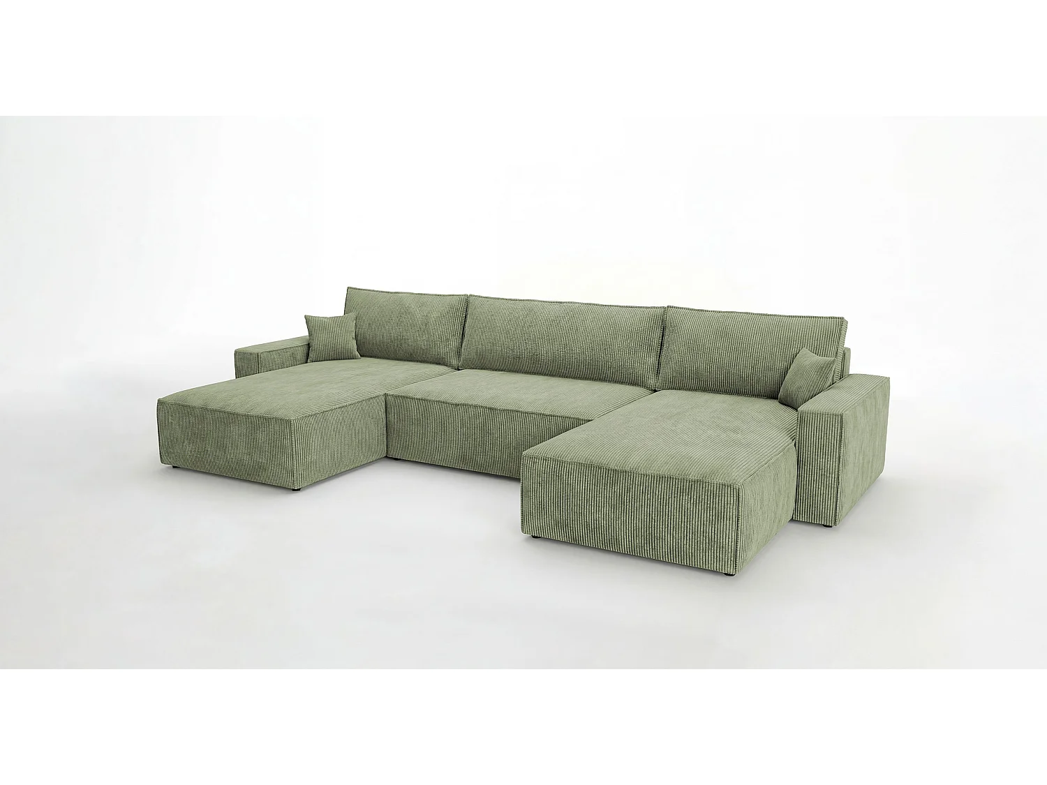 Canapé d'angle VIENNA en U vert clair velours côtelé Poso 47 - fonction couchage, coffre à literie