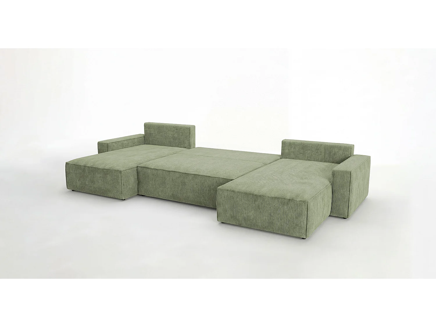 Canapé d'angle VIENNA en U vert clair velours côtelé Poso 47 - fonction couchage, coffre à literie