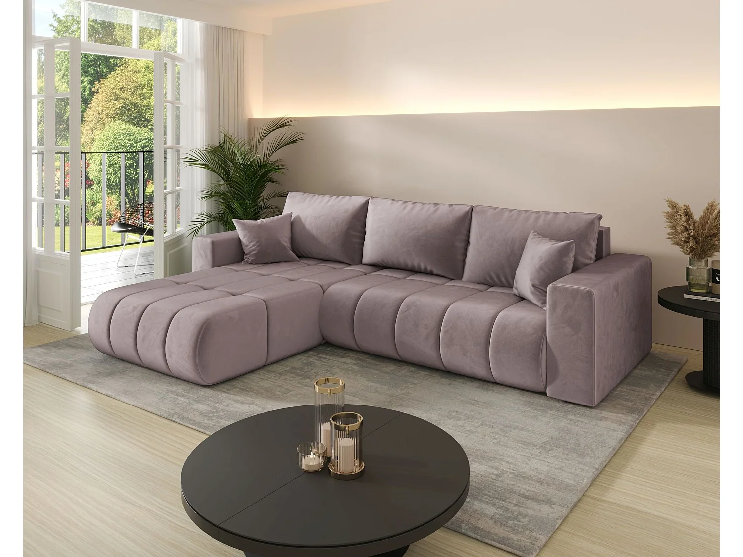 Canapé d'angle LARA PREMIUM gauche rose foncé velours Monolith 62 - fonction couchage, coffre à literie