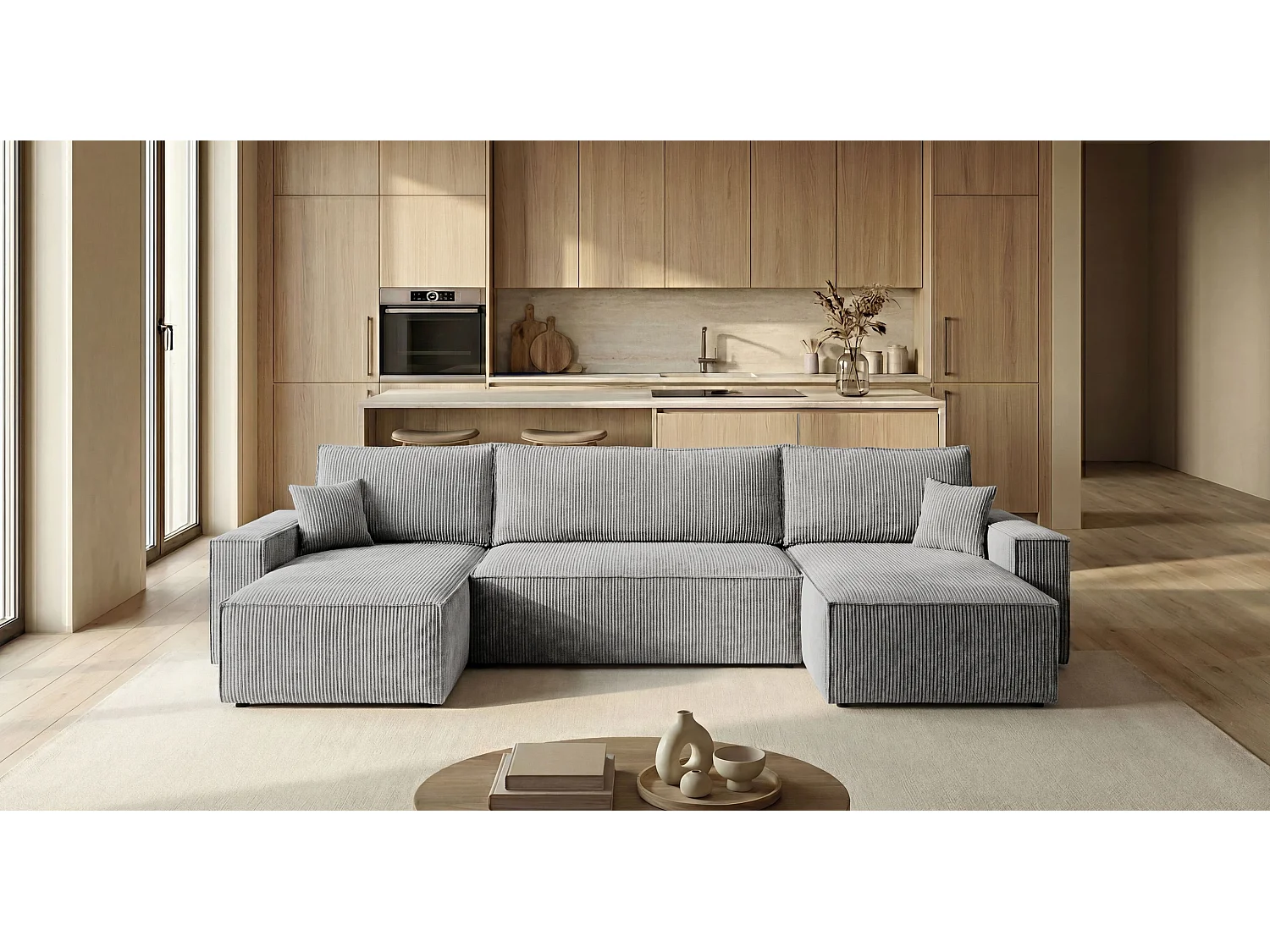 Canapé d'angle CALIFORNIA MINI en U gris velours côtelé Poso 55 - fonction couchage, coffre à literie