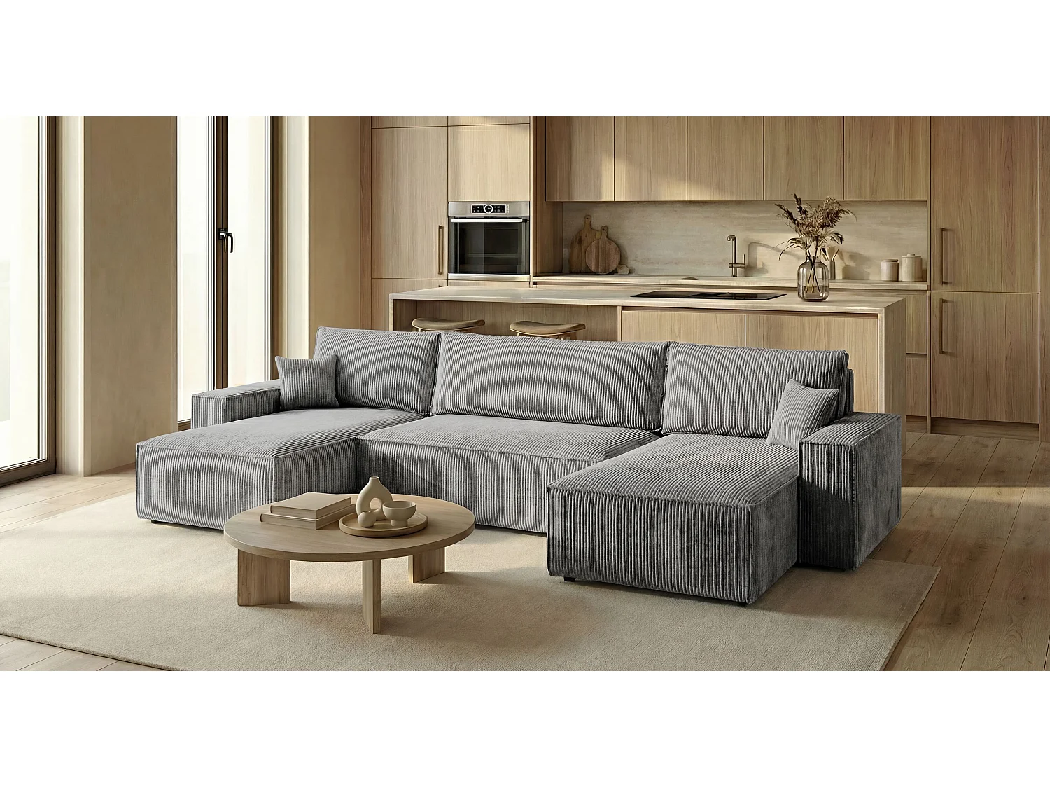 Canapé d'angle CALIFORNIA MINI en U gris velours côtelé Poso 55 - fonction couchage, coffre à literie
