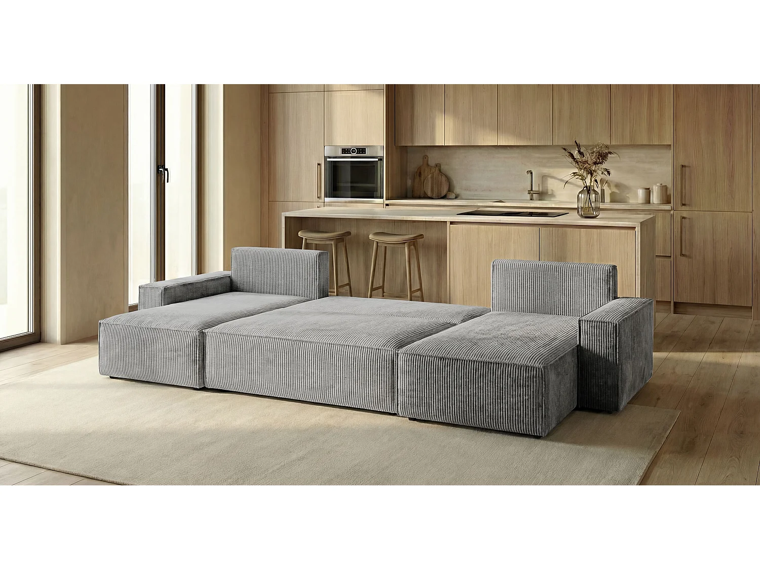 Canapé d'angle CALIFORNIA MINI en U gris velours côtelé Poso 55 - fonction couchage, coffre à literie