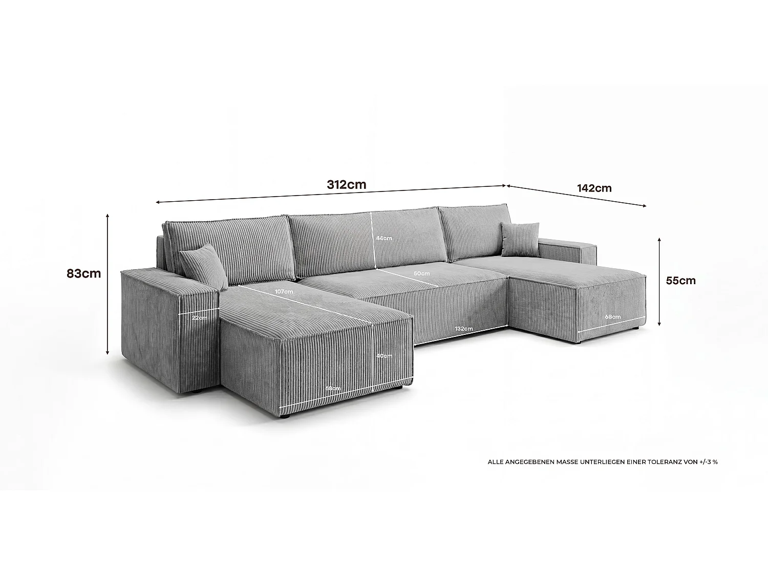 Canapé d'angle CALIFORNIA MINI en U gris velours côtelé Poso 55 - fonction couchage, coffre à literie