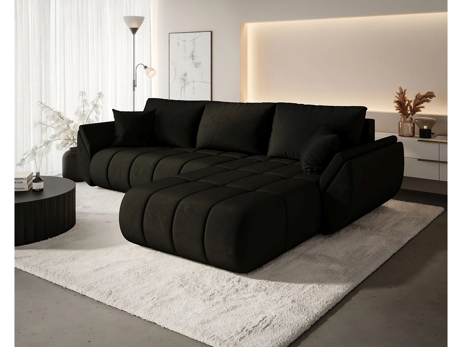 Canapé d'angle SYDNEY PREMIUM droit graphite velours Monolith 95 - fonction couchage, coffre à literie