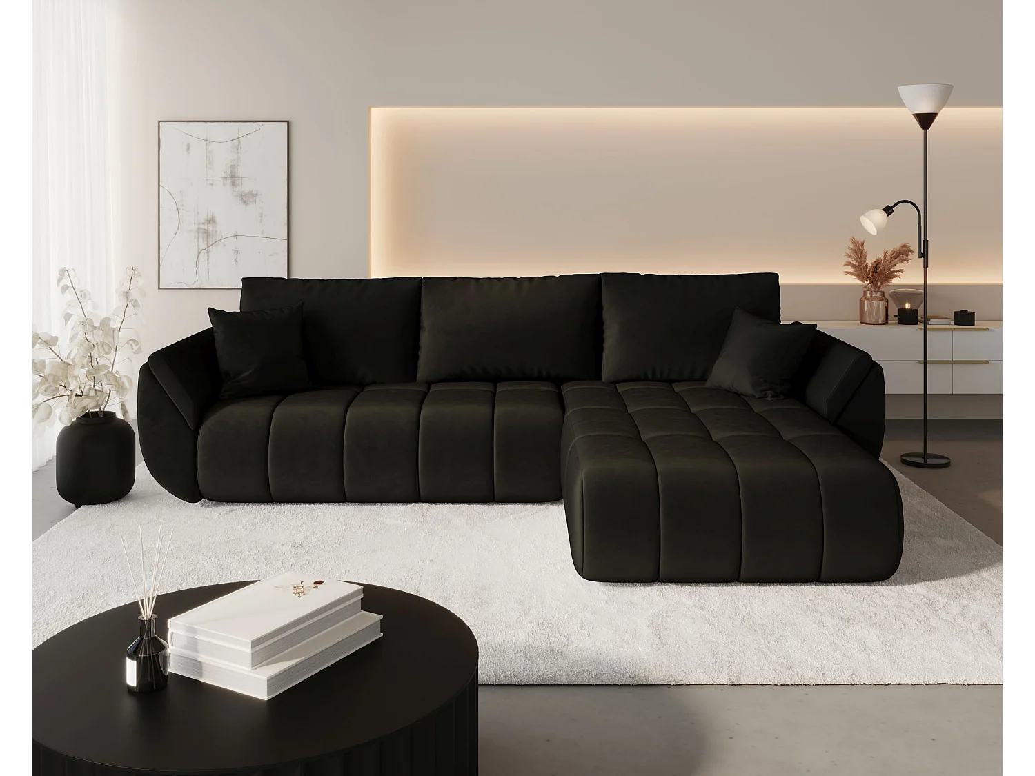Canapé d'angle SYDNEY PREMIUM droit graphite velours Monolith 95 - fonction couchage, coffre à literie