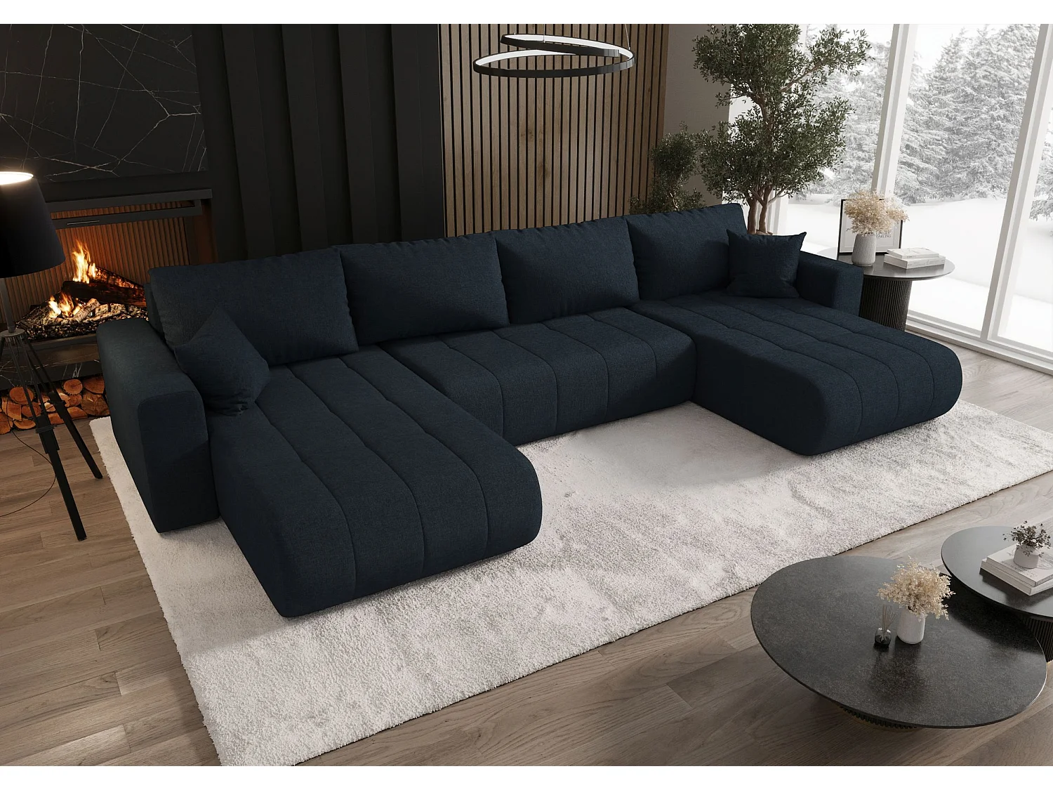 Canapé d'angle LARA en U bleu tricot Wind 77 - fonction couchage, coffre à literie