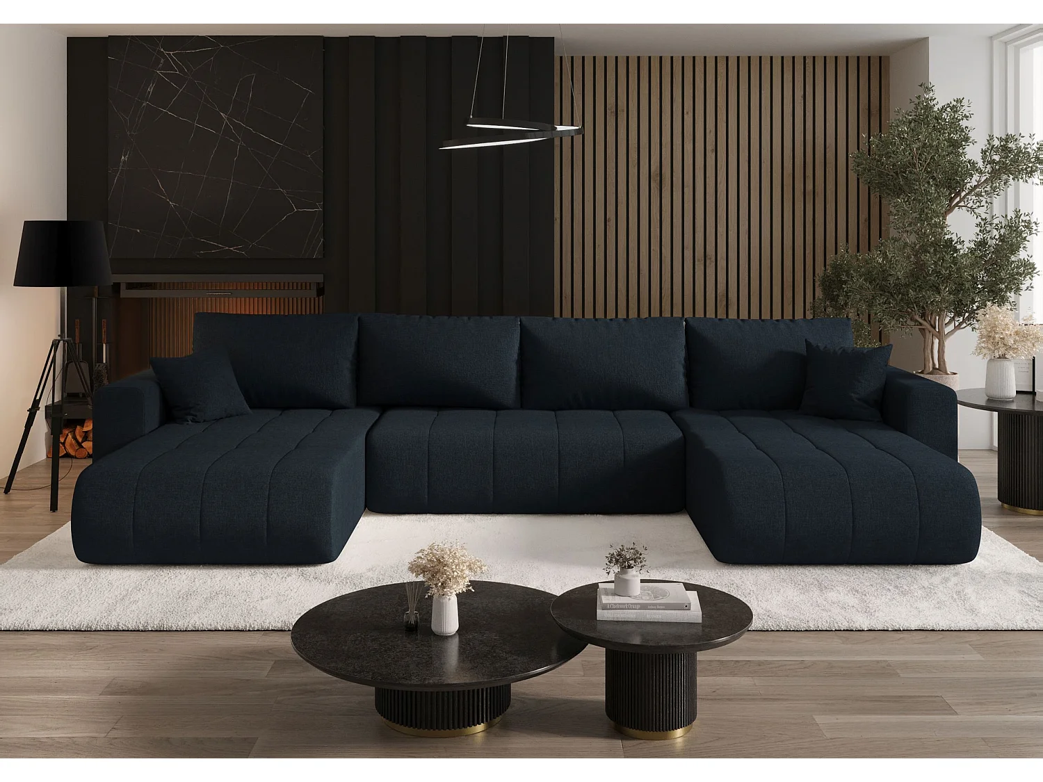 Canapé d'angle LARA en U bleu tricot Wind 77 - fonction couchage, coffre à literie