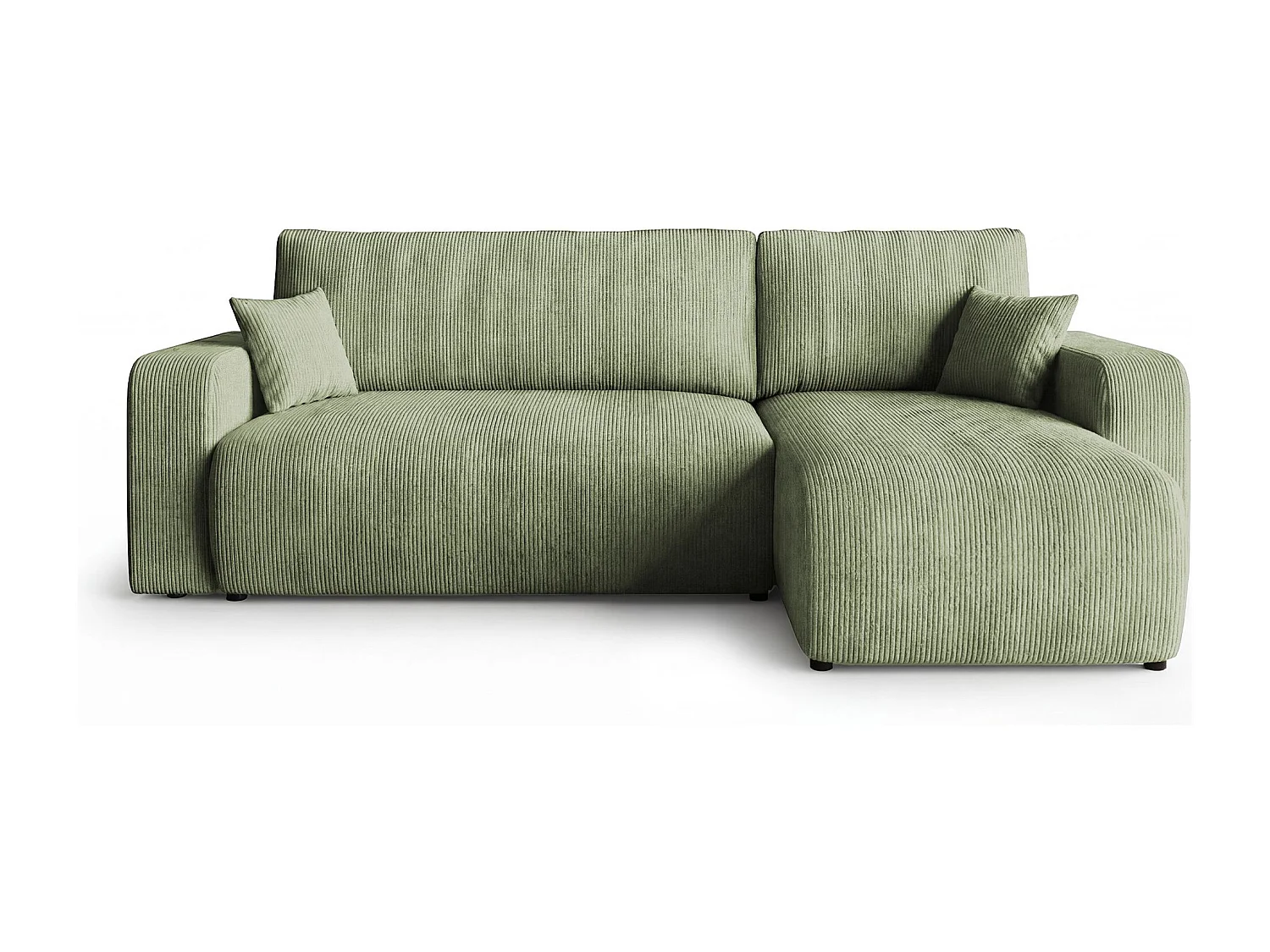Canapé d'angle PARIS droit vert clair velours côtelé Poso 47 - fonction couchage, coffre à literie