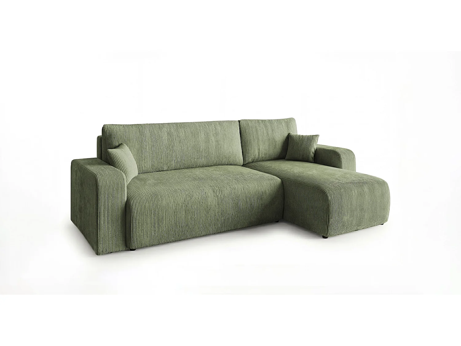 Canapé d'angle PARIS droit vert clair velours côtelé Poso 47 - fonction couchage, coffre à literie