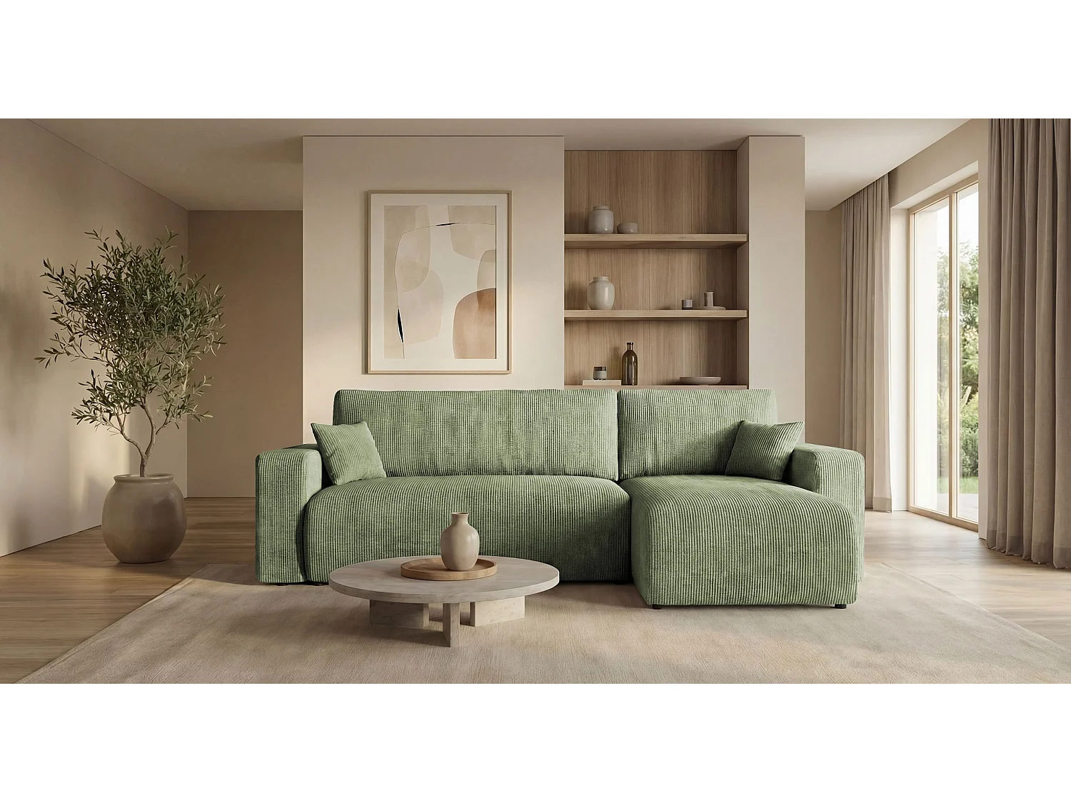 Canapé d'angle PARIS droit vert clair velours côtelé Poso 47 - fonction couchage, coffre à literie