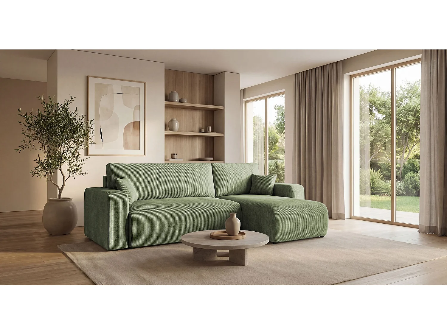 Canapé d'angle PARIS droit vert clair velours côtelé Poso 47 - fonction couchage, coffre à literie