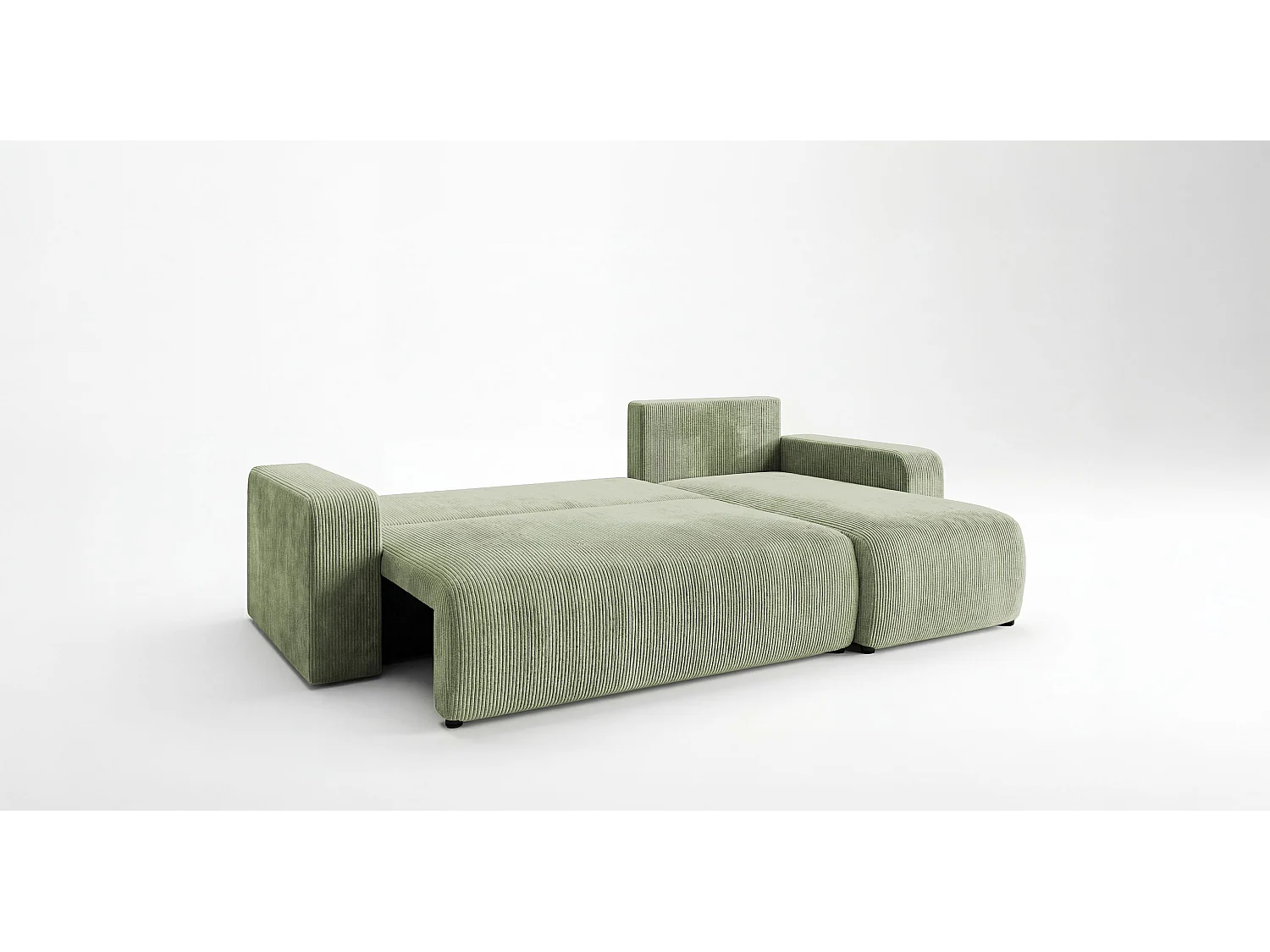 Canapé d'angle PARIS droit vert clair velours côtelé Poso 47 - fonction couchage, coffre à literie