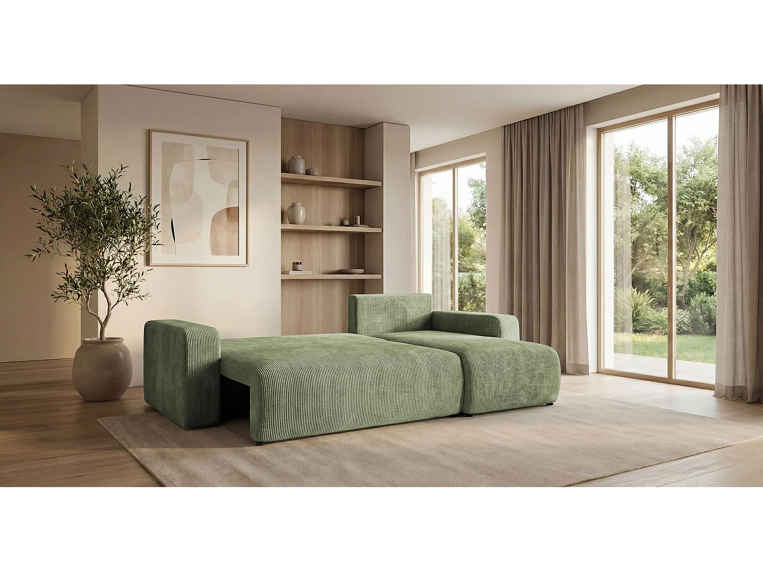 Canapé d'angle PARIS droit vert clair velours côtelé Poso 47 - fonction couchage, coffre à literie