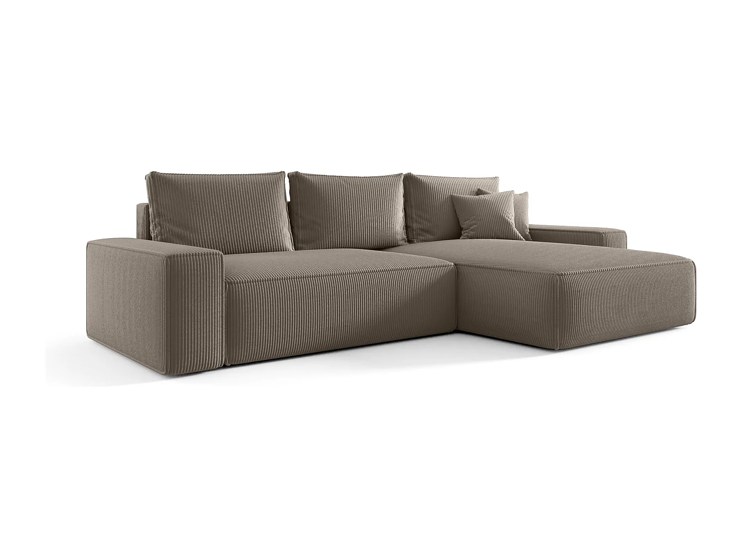 Canapé d'angle CALIFORNIA droit brun clair velours côtelé Poso 3 - fonction couchage, coffre à literie