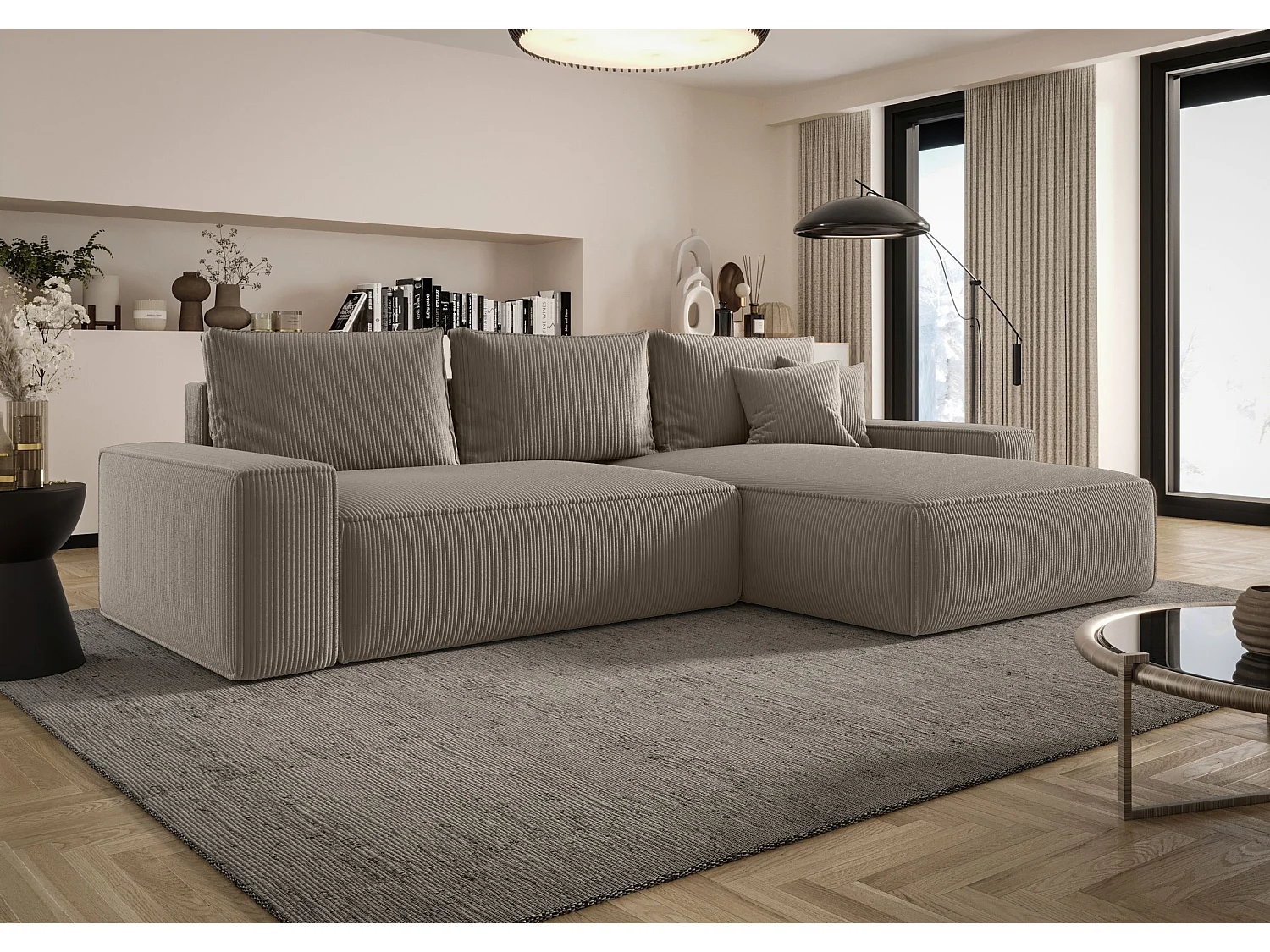 Canapé d'angle CALIFORNIA droit brun clair velours côtelé Poso 3 - fonction couchage, coffre à literie