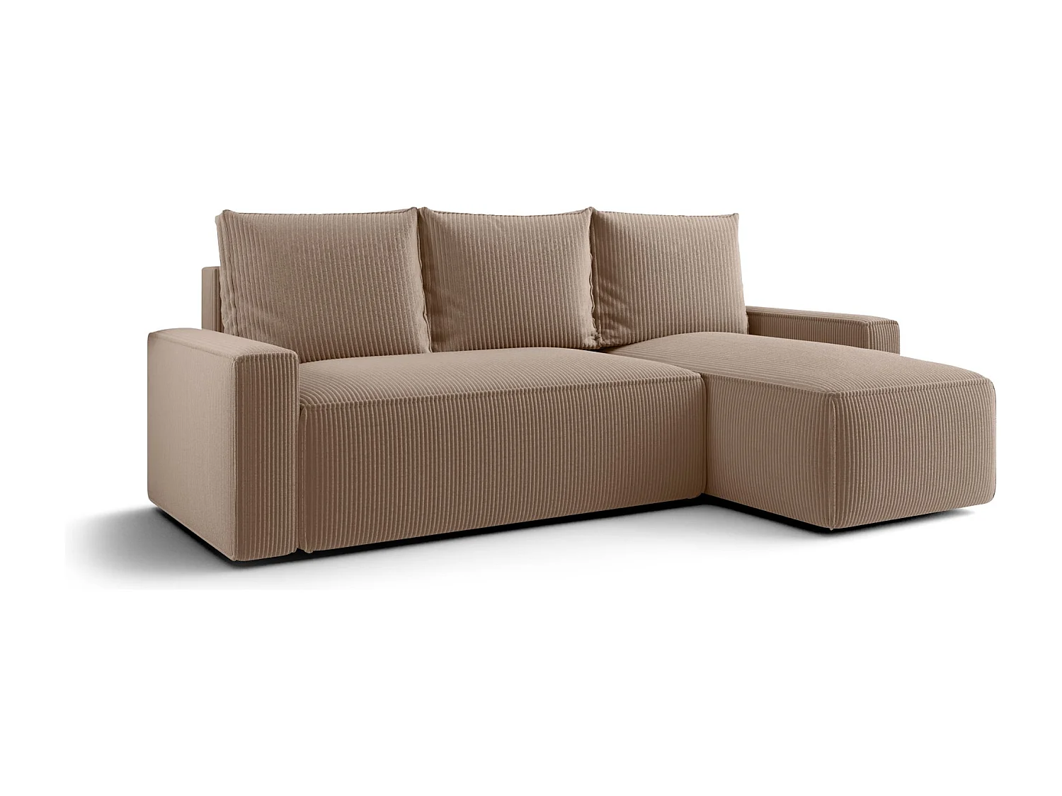 Canapé d'angle HAVANA droit brun clair velours côtelé Poso 2 - fonction couchage, coffre à literie