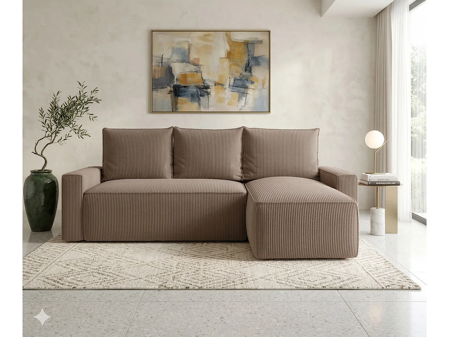 Canapé d’angle velours chenille convertible avec coffre NORE-Beige-angle droit