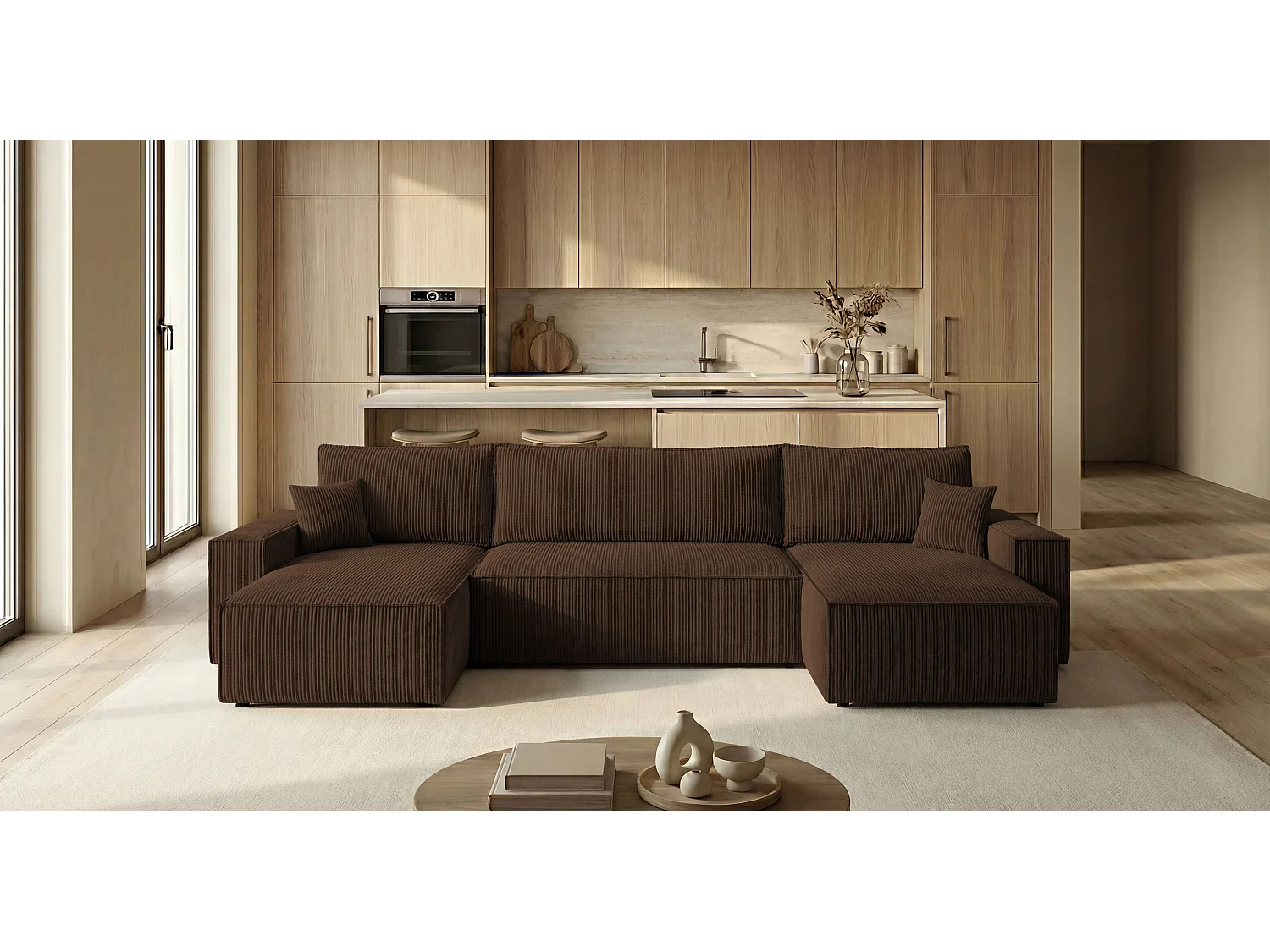 Canapé d'angle CALIFORNIA MINI en U marron velours côtelé Poso 6 - fonction couchage, coffre à literie