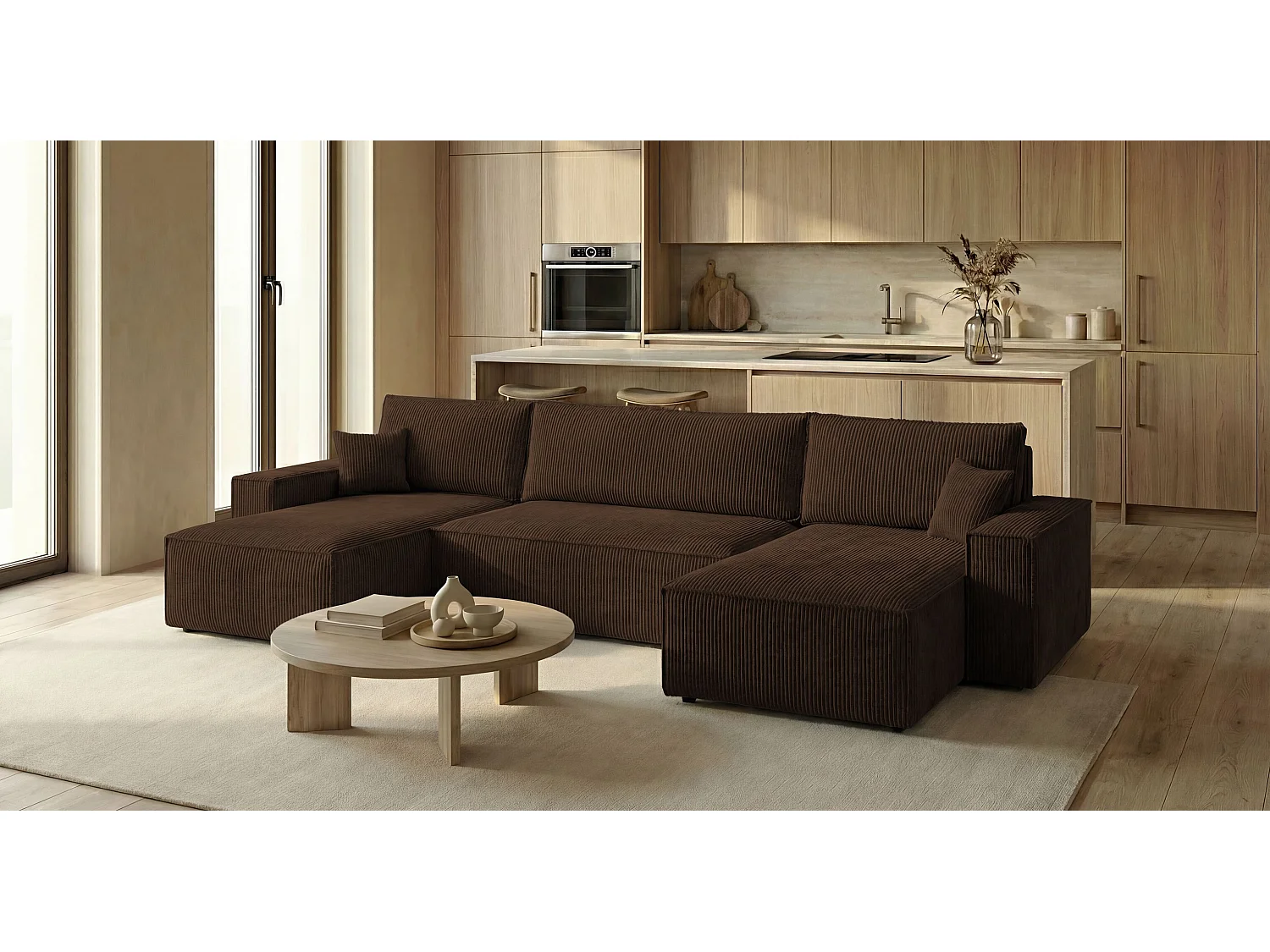 Canapé d'angle CALIFORNIA MINI en U marron velours côtelé Poso 6 - fonction couchage, coffre à literie