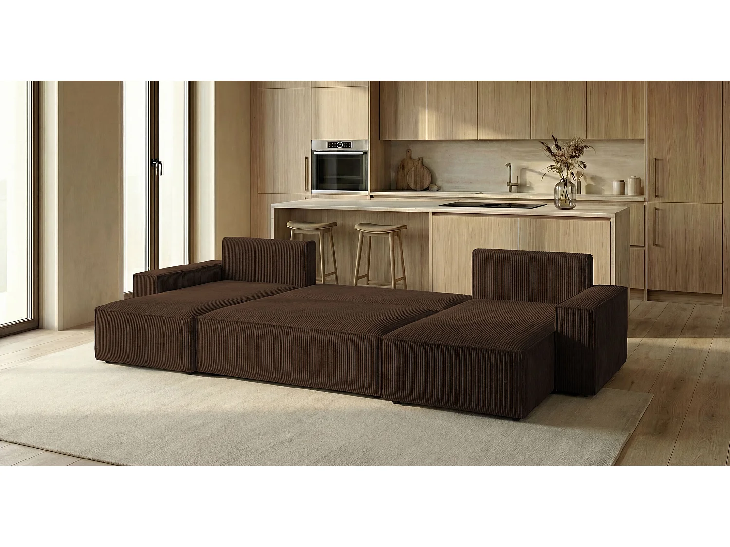 Canapé d'angle CALIFORNIA MINI en U marron velours côtelé Poso 6 - fonction couchage, coffre à literie