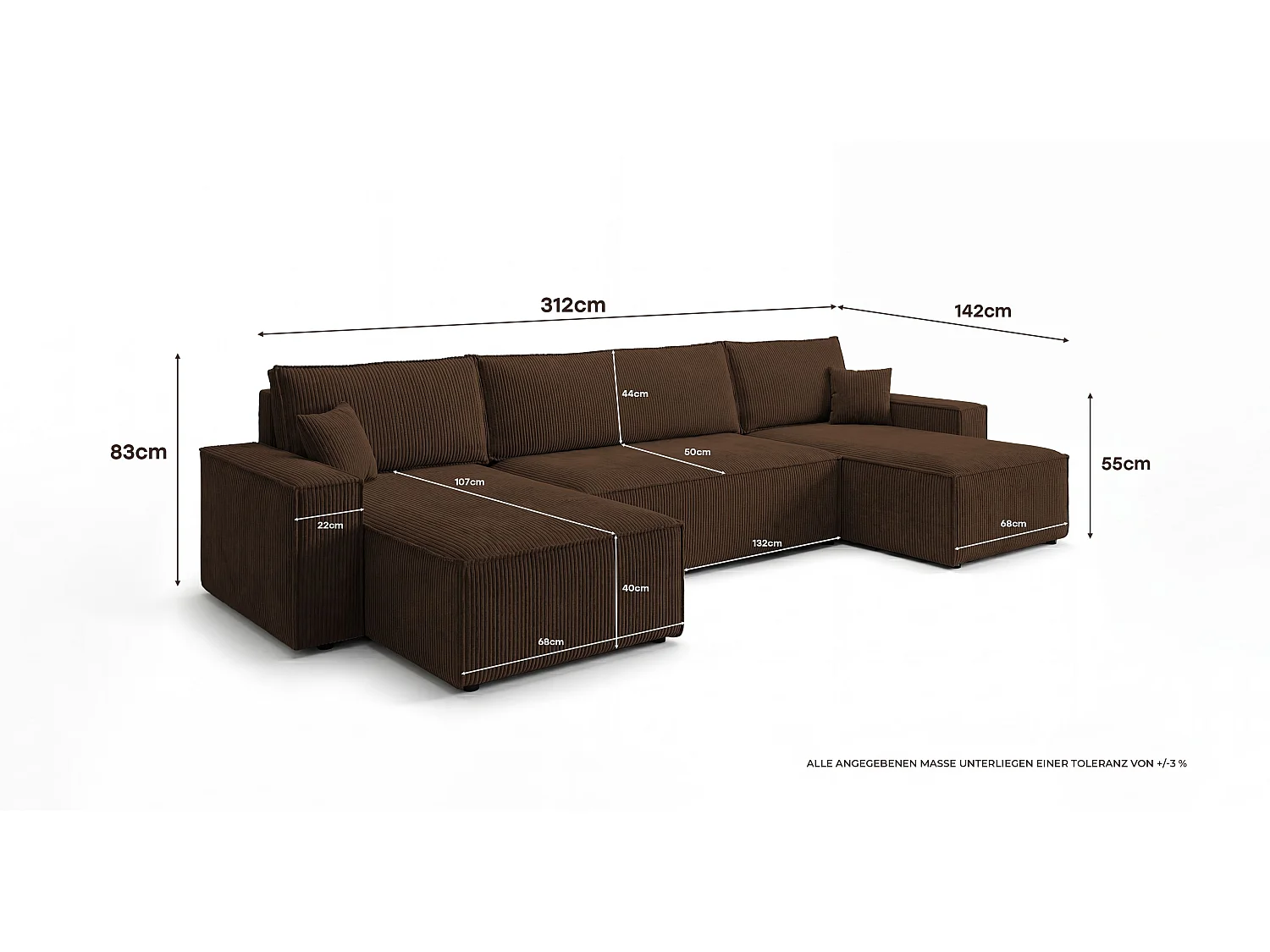 Canapé d'angle CALIFORNIA MINI en U marron velours côtelé Poso 6 - fonction couchage, coffre à literie