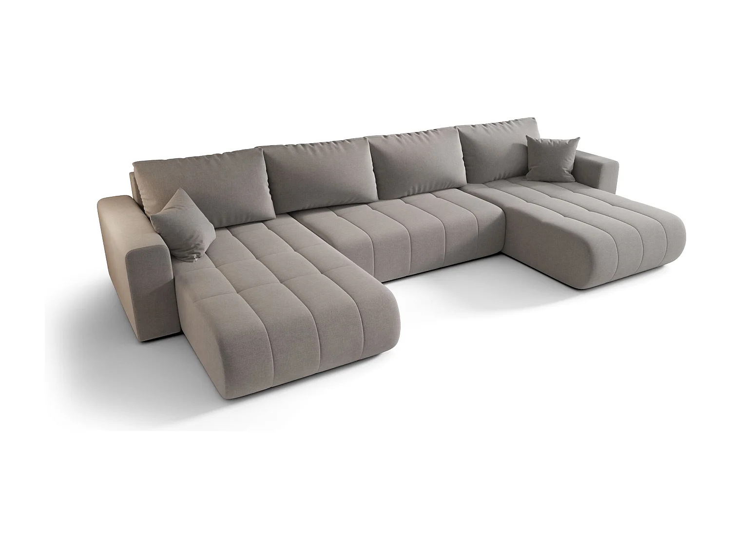 Canapé d'angle LARA en U gris clair tricot Wind 84 - fonction couchage, coffre à literie