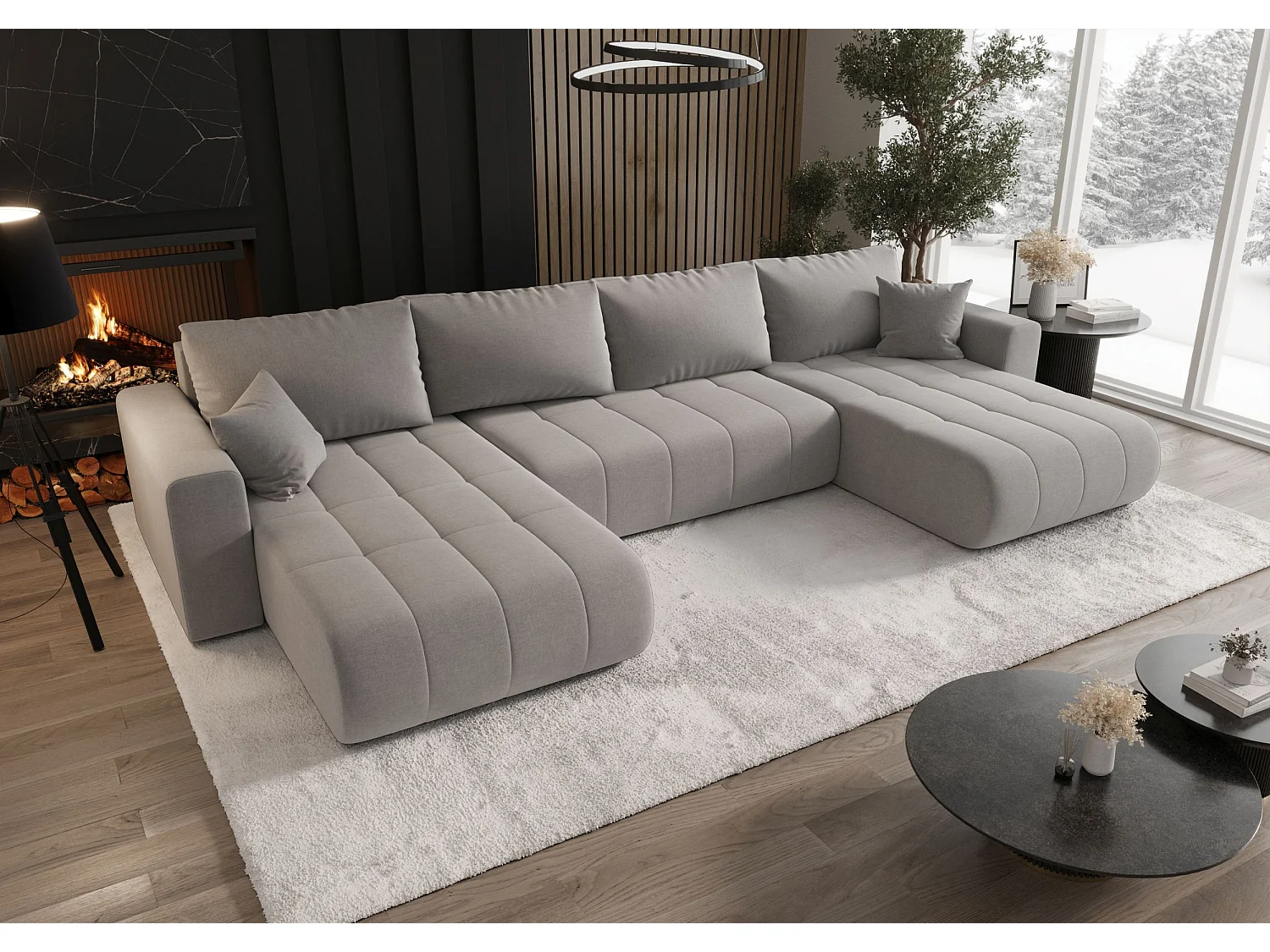 Canapé d'angle LARA en U gris clair tricot Wind 84 - fonction couchage, coffre à literie