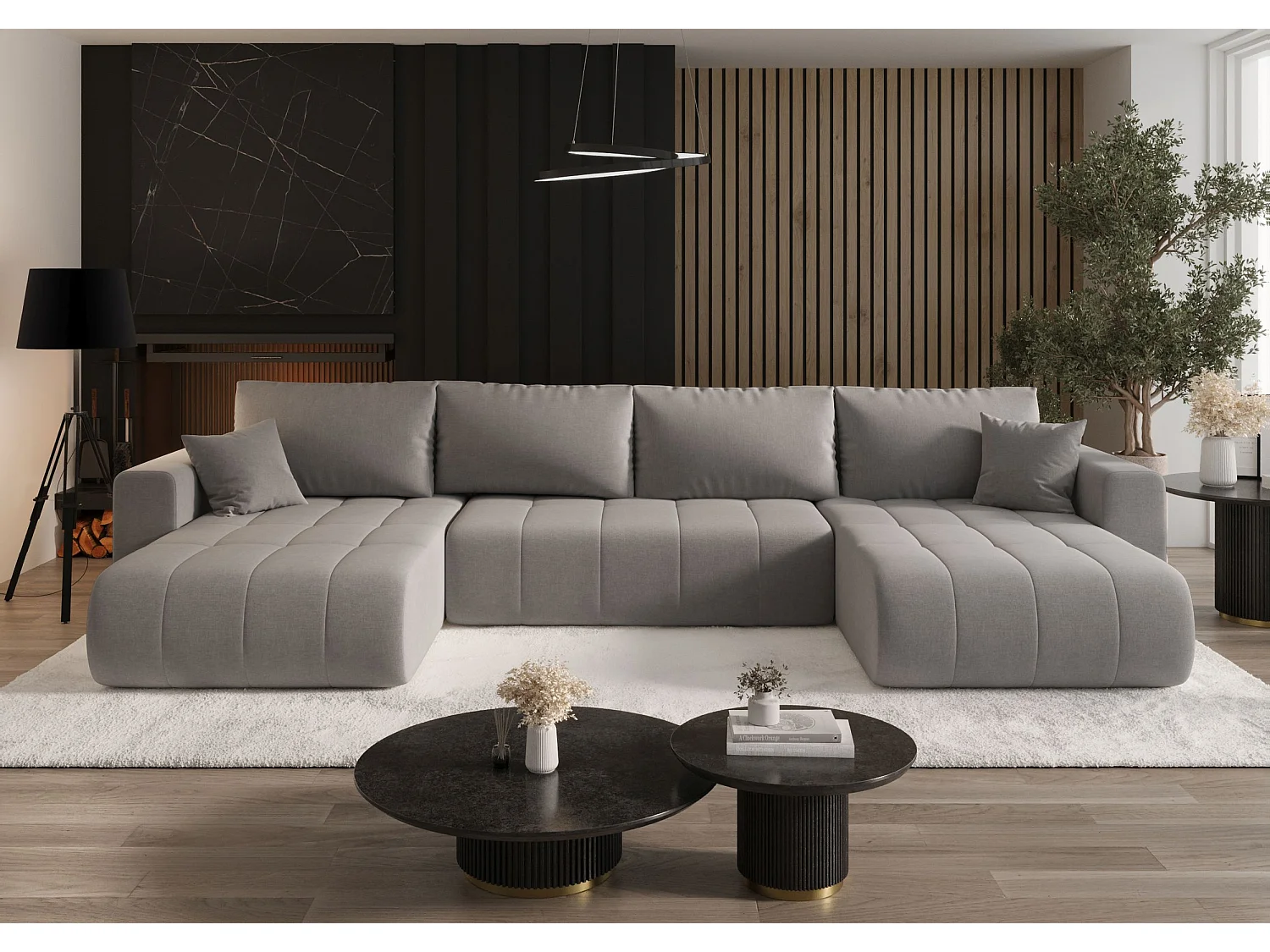 Canapé d'angle LARA en U gris clair tricot Wind 84 - fonction couchage, coffre à literie