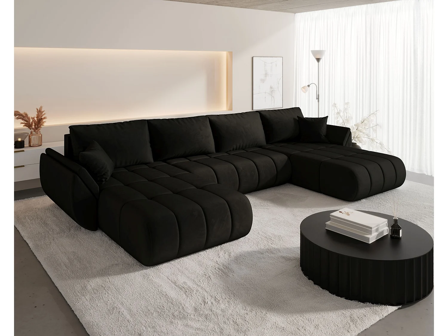 Canapé d'angle SYDNEY PREMIUM en U graphite velours Monolith 95 - fonction couchage, coffre à literie