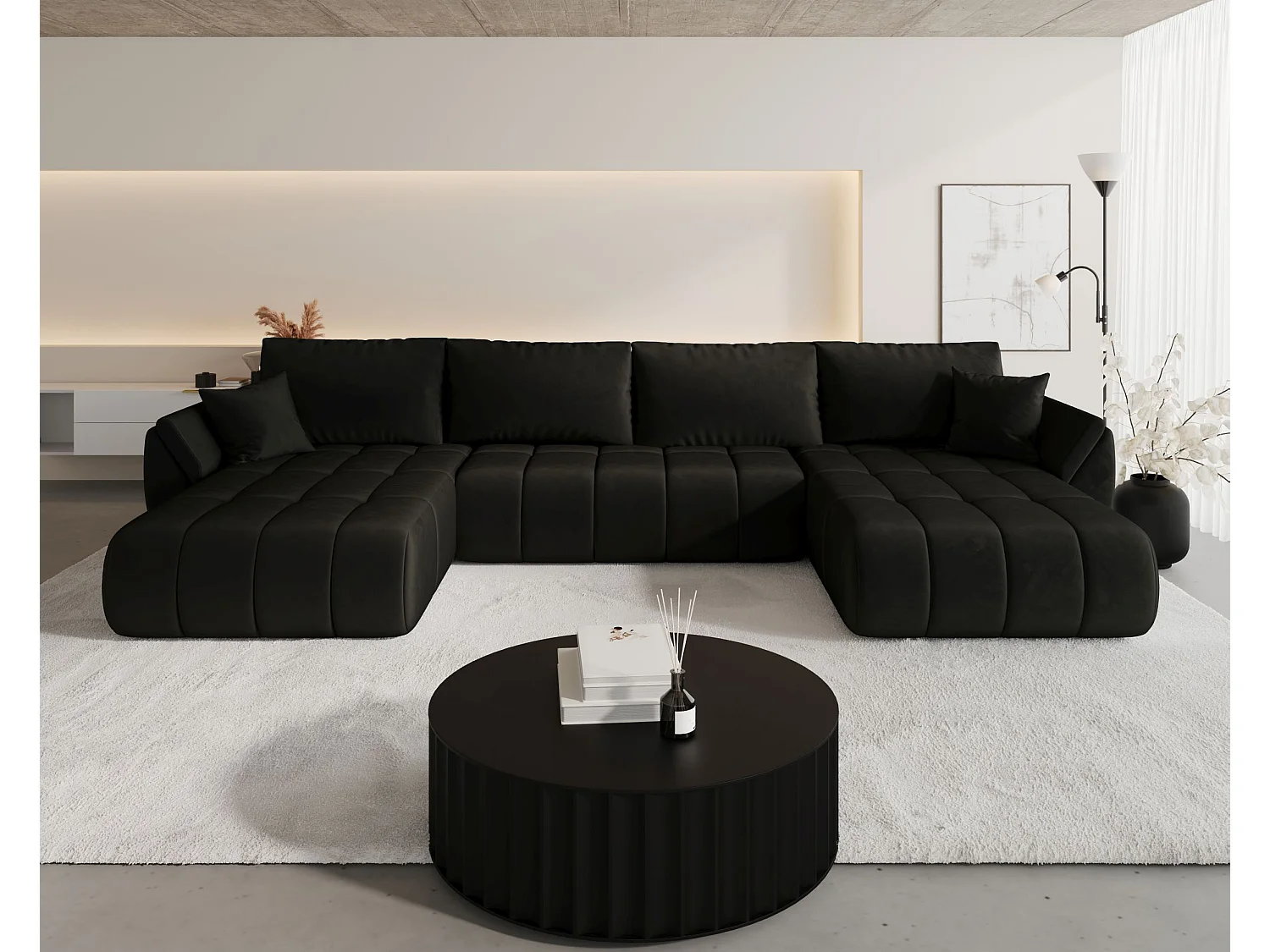 Canapé d'angle SYDNEY PREMIUM en U graphite velours Monolith 95 - fonction couchage, coffre à literie