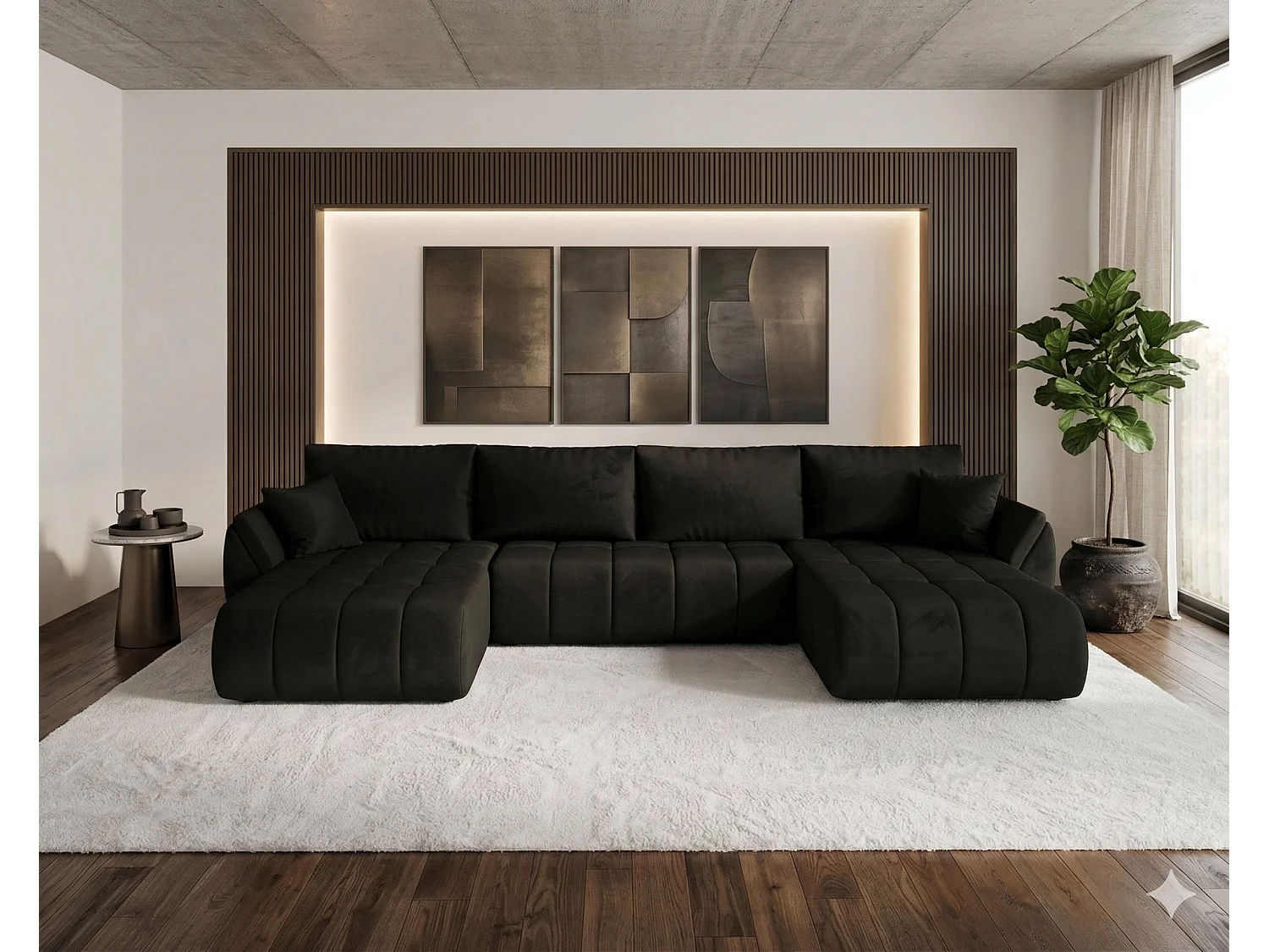 Canapé d’angle velours panoramique convertible avec coffre LUMEN-Gris foncé