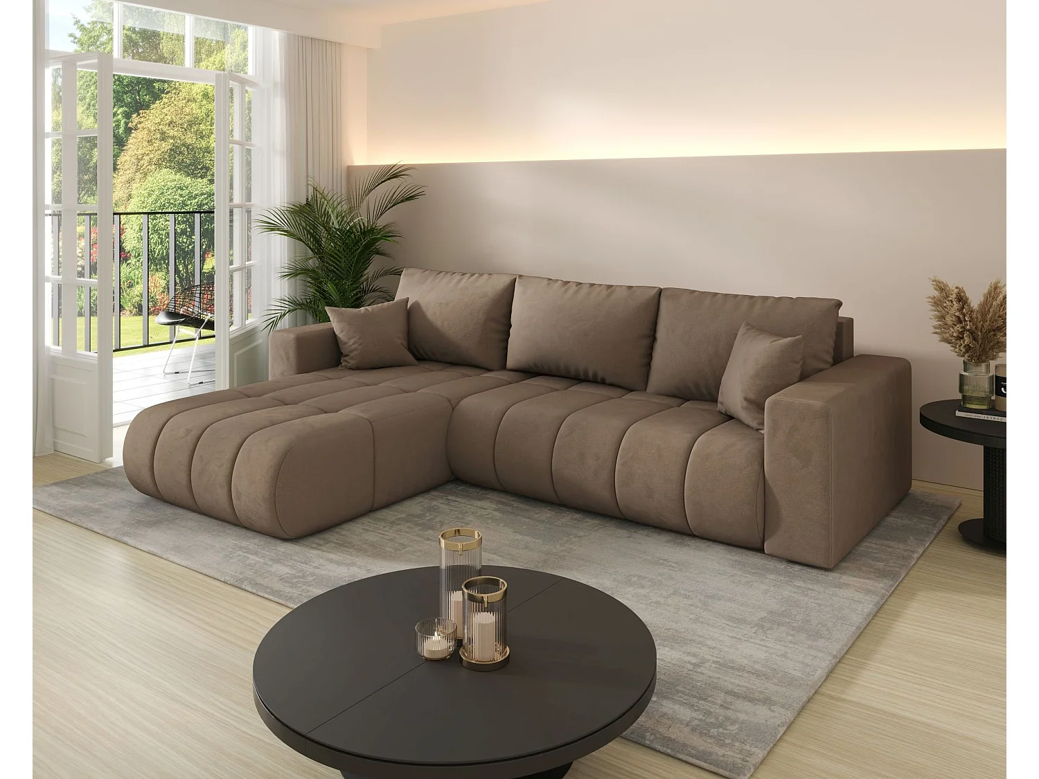 Canapé d'angle LARA PREMIUM gauche marron velours Monolith 9 - fonction couchage, coffre à literie