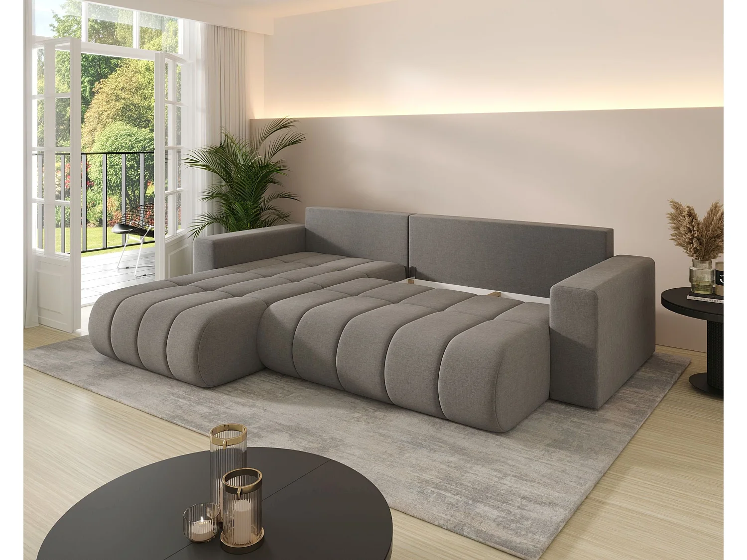 Canapé d'angle LARA PREMIUM gauche marron velours Monolith 9 - fonction couchage, coffre à literie