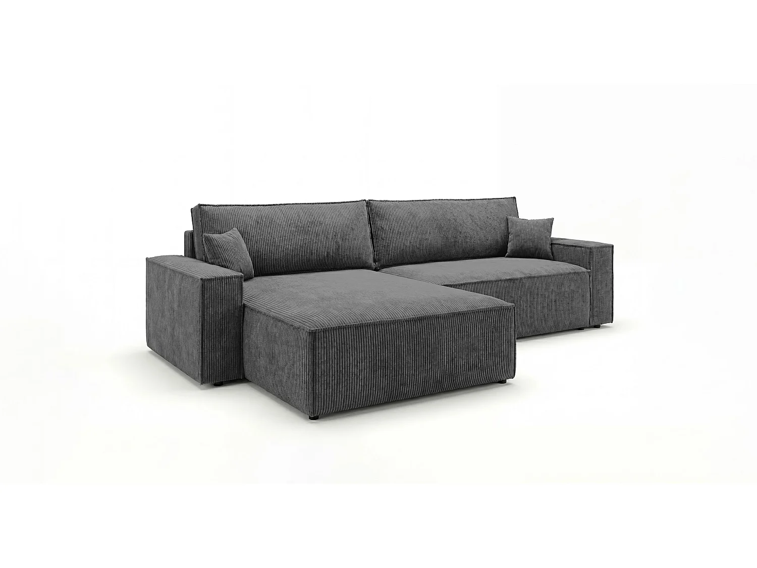 Canapé d'angle VIENNA gauche gris foncé velours côtelé Poso 60 - fonction couchage, coffre à literie