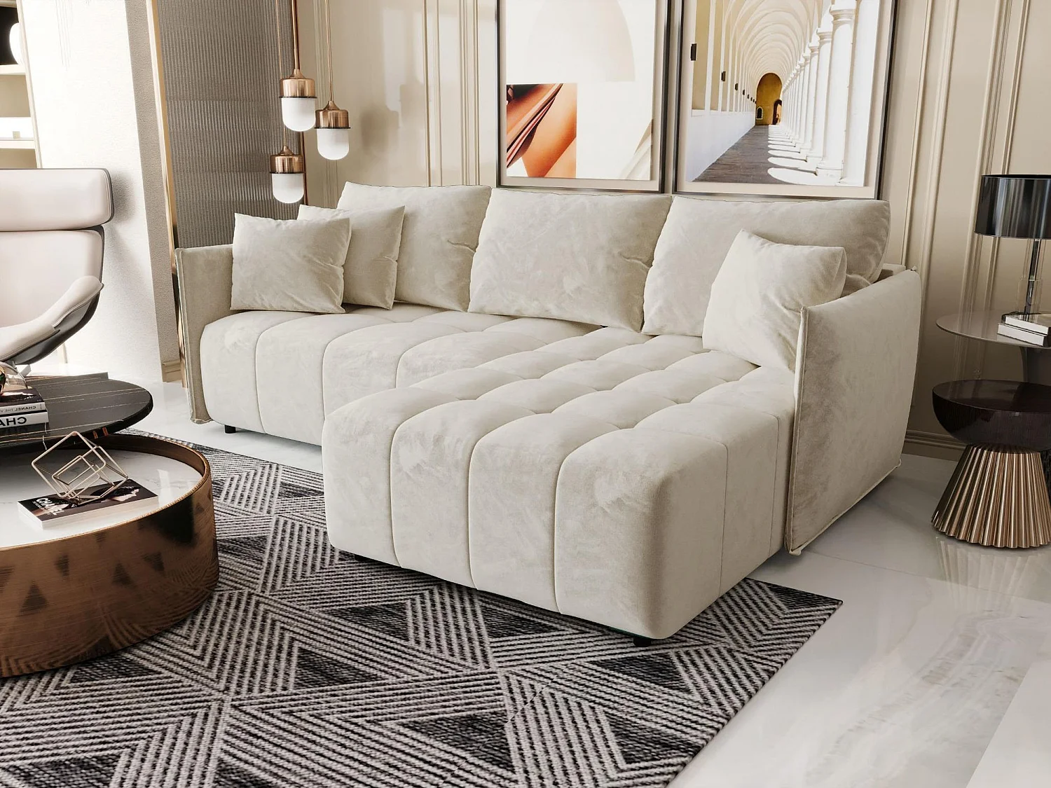 Canapé d'angle CHICAGO droit beige velours Monolith 2 - fonction couchage, coffre à literie