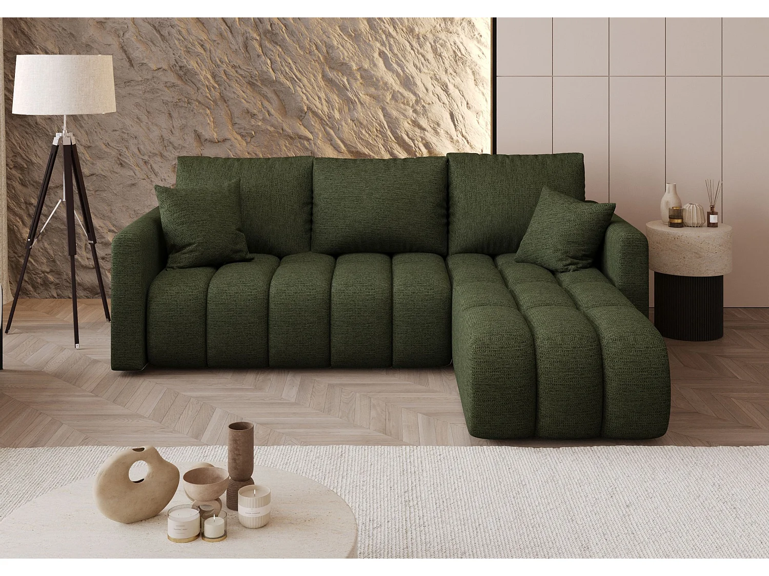 Canapé d'angle GARDA droit vert tricot Aragon 39 - fonction couchage, coffre à literie