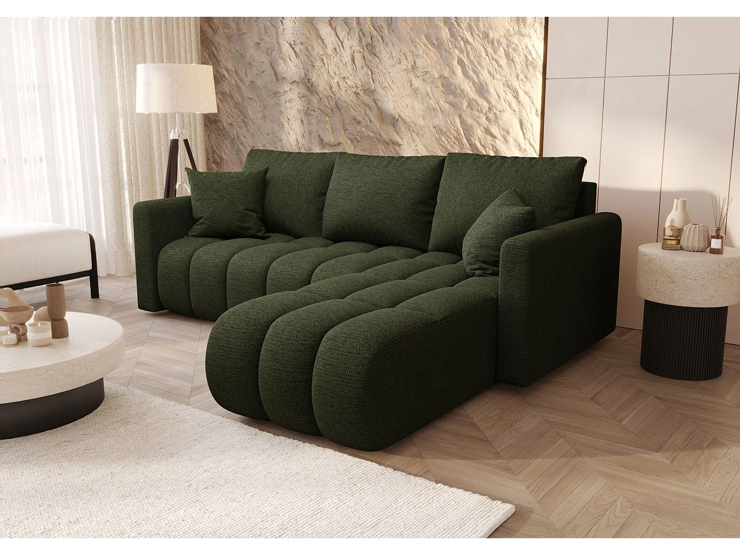 Canapé d'angle GARDA droit vert tricot Aragon 39 - fonction couchage, coffre à literie