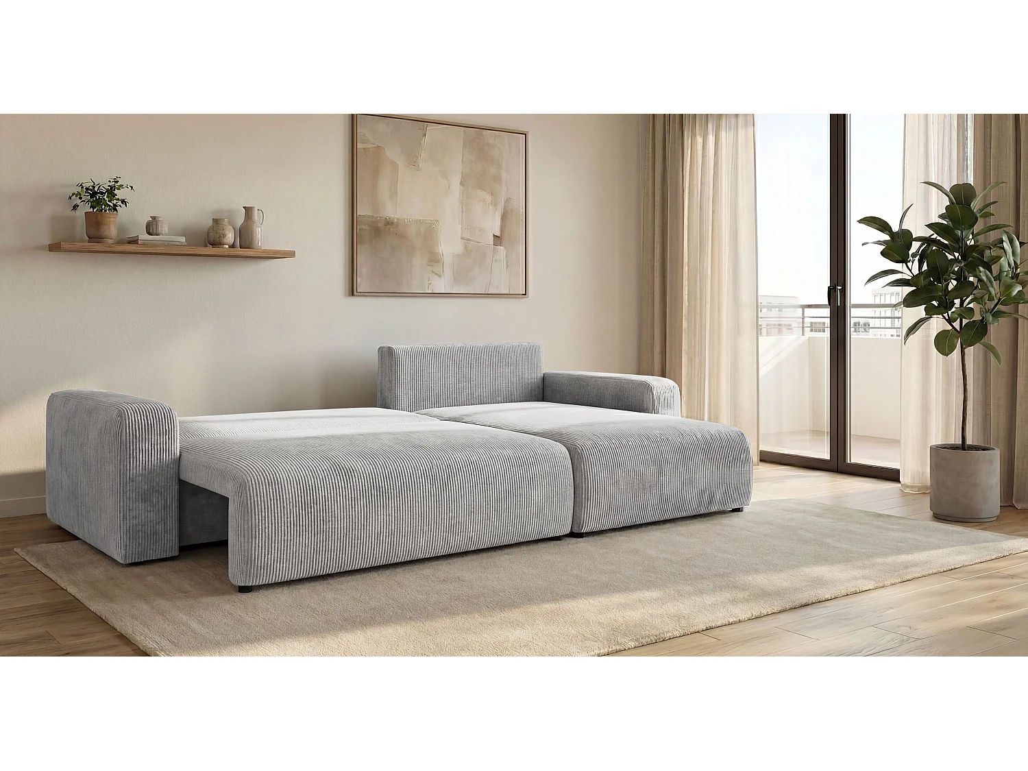 Canapé d'angle BERLIN droit gris velours côtelé Poso 55 - fonction couchage, coffre à literie
